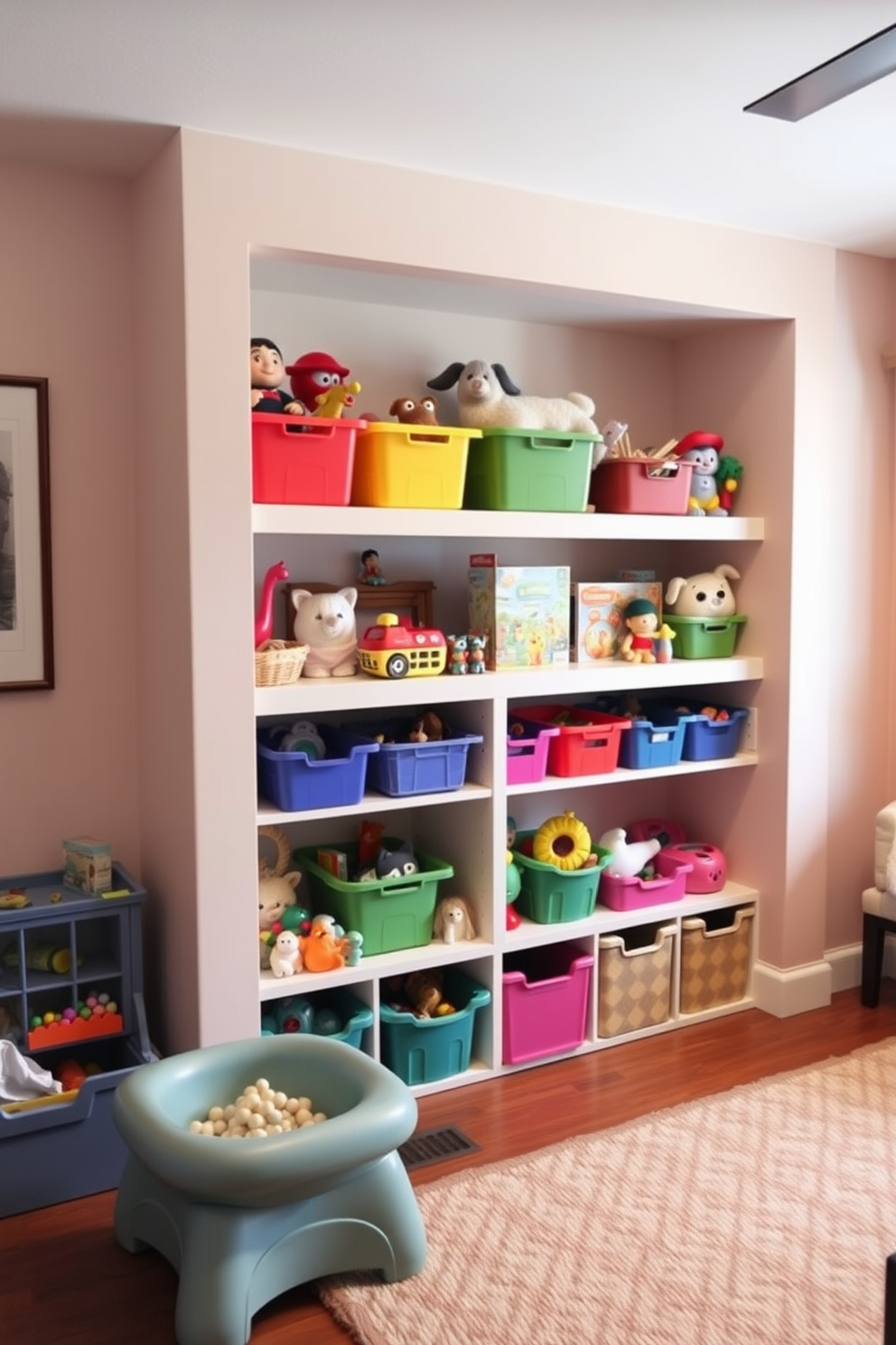 A creative toy display in a living room playroom features open shelving with colorful bins and baskets for easy access to toys. The walls are painted in a soft pastel color, and a cozy area rug provides a comfortable space for children to play.