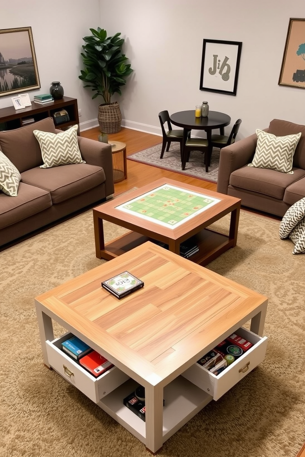 A stylish dual-purpose coffee table that transforms into a game table when needed. The table features a sleek wooden surface with built-in storage for board games and accessories. Surrounding the table, a cozy living room playroom combination is designed with plush seating and vibrant decor. Soft area rugs define the space, creating a comfortable atmosphere for both relaxation and play.