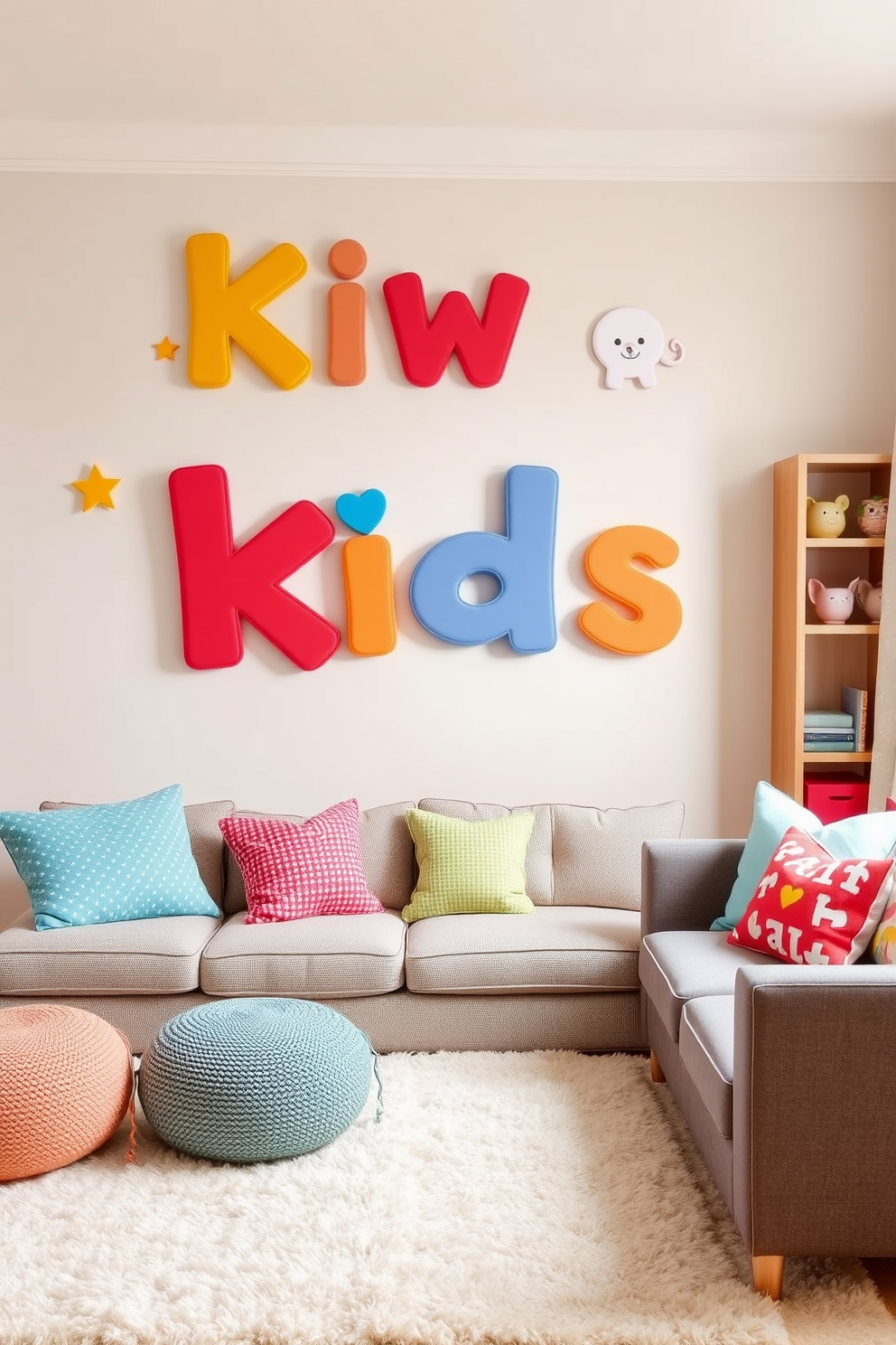 Personalized name wall art for kids features vibrant colors and playful fonts that capture the essence of childhood. The artwork is framed in a whimsical style, complemented by cheerful accents like stars and animals. Living room playroom design ideas incorporate multifunctional furniture that transitions seamlessly between relaxation and play. Soft, inviting rugs and cozy seating create a welcoming atmosphere for both children and adults to enjoy together.