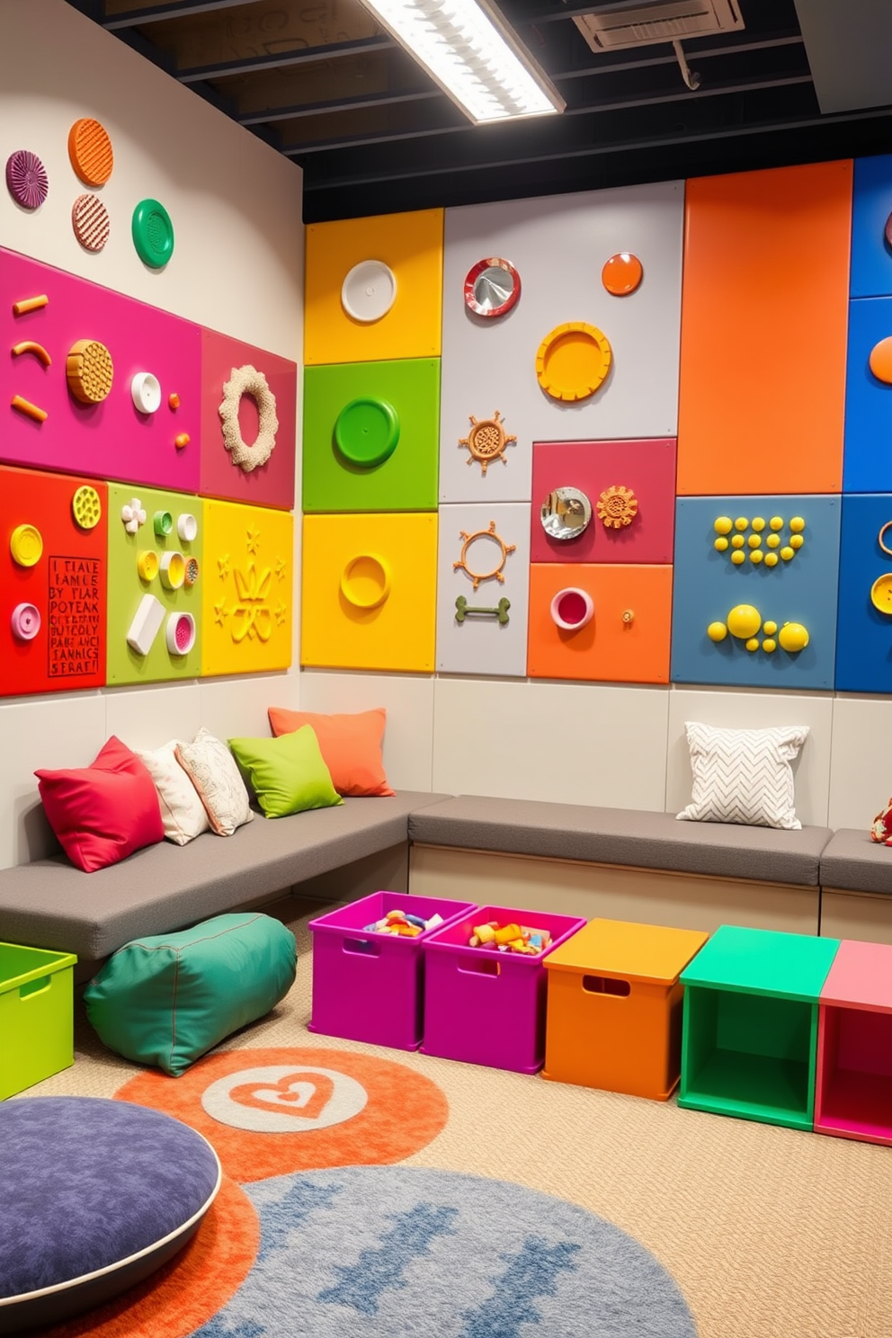 A vibrant playroom designed for interactive engagement. The walls are adorned with colorful panels featuring various sensory elements such as textures, buttons, and mirrors to stimulate exploration and creativity. Cozy seating areas are arranged with plush cushions and soft rugs to create inviting spaces for relaxation. Brightly colored storage bins are strategically placed to encourage organization and easy access to toys and games.