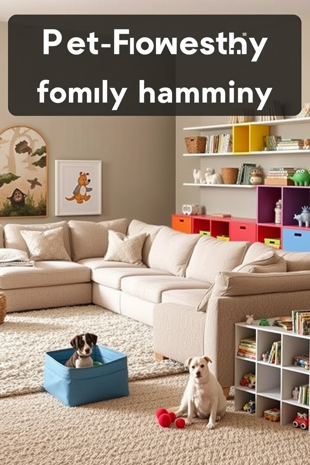 Pet friendly furniture for family harmony. The living room features a large sectional sofa upholstered in durable, stain-resistant fabric, with a cozy area rug that is easy to clean. Playroom design ideas include colorful, modular storage units that keep toys organized and accessible. Soft, padded flooring provides a safe play area, while wall-mounted shelves display books and games for easy reach.