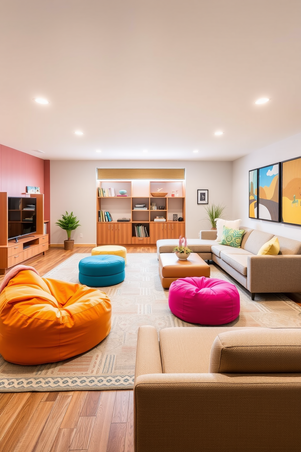 A vibrant living room playroom designed for comfort and creativity. There are colorful cushions scattered across a plush area rug, creating a cozy space for children to relax and play. The walls are painted in cheerful pastel colors, enhancing the playful atmosphere. A variety of toys and books are neatly organized in stylish storage bins, promoting a tidy yet inviting environment.