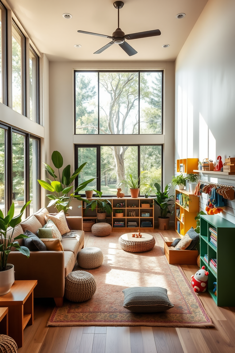 A nature-inspired living room features soft earth tones and natural materials. Large windows allow sunlight to flood the space, highlighting indoor plants and wooden furniture. The playroom is designed with vibrant colors and playful elements. Cozy nooks with cushions invite children to read, while wall-mounted storage keeps toys organized and accessible.