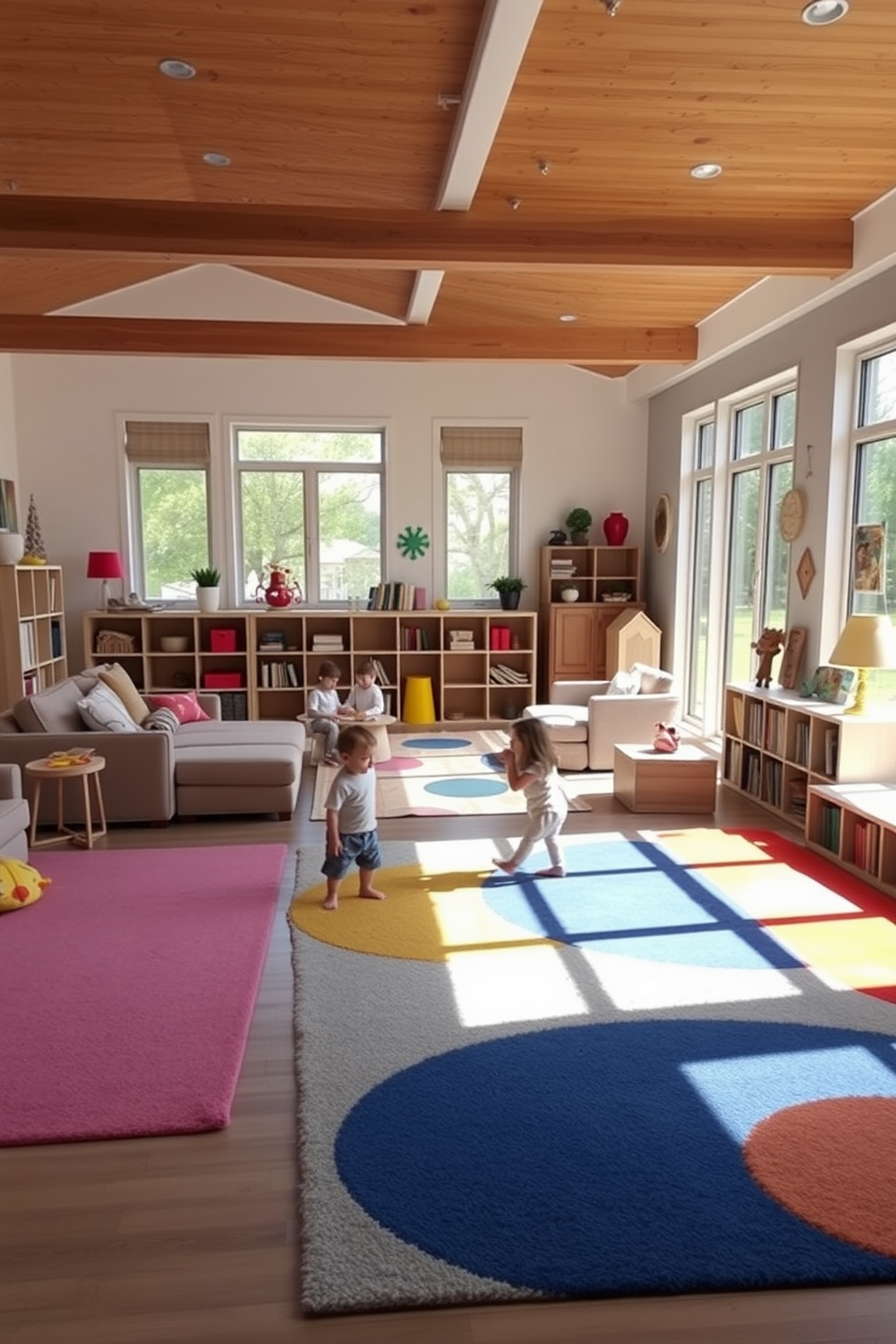 A spacious living room playroom designed for movement and exploration features soft, colorful rugs that define play areas while allowing for easy navigation. Large windows let in natural light, creating an inviting atmosphere filled with plush seating and playful decor. The room includes a combination of modular furniture that can be rearranged for various activities, encouraging creativity and interaction. Bright wall art and storage solutions for toys add a whimsical touch, making the space functional and fun.