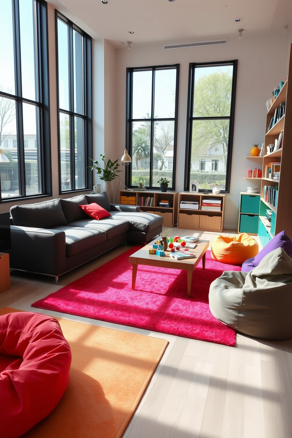 A stylish living room with multi-functional furniture that seamlessly transitions into a playroom. The space features a sleek sofa that converts into a bed, a coffee table with hidden storage, and vibrant bean bags scattered around for playful seating. Brightly colored rugs define the play area, while wall-mounted shelves hold toys and books for easy access. Large windows allow natural light to flood the room, enhancing the cheerful atmosphere and making it a perfect space for both relaxation and play.