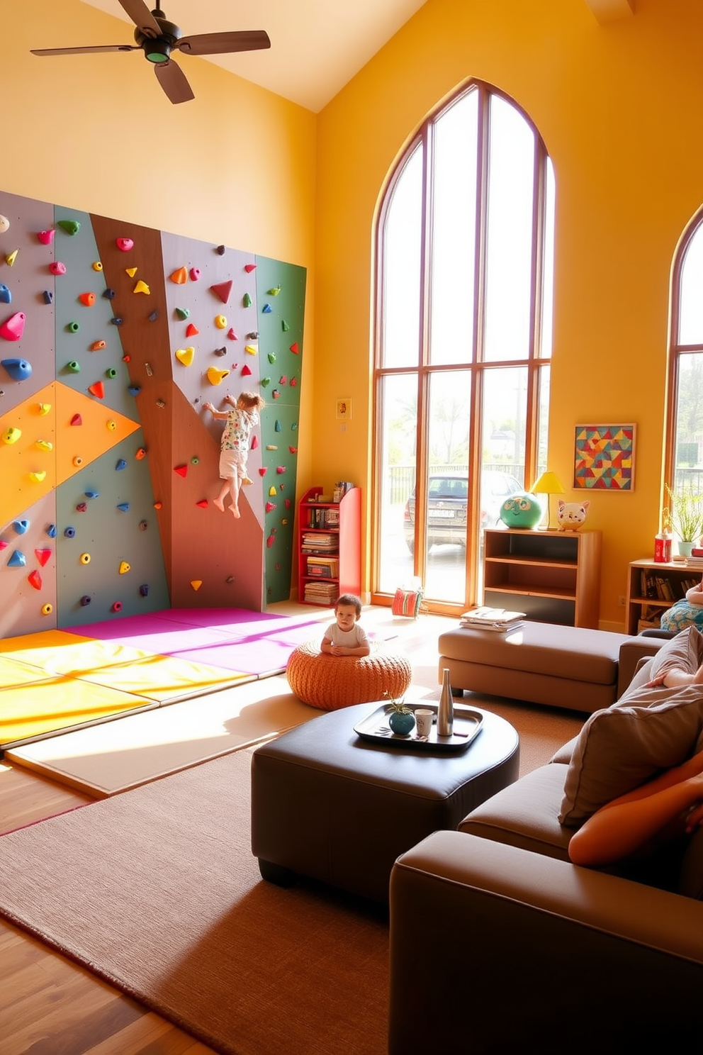 A vibrant playroom featuring an indoor climbing wall designed for active play. The wall is adorned with colorful holds and safety mats, encouraging children to climb and explore. The living room is designed with a cozy atmosphere, incorporating soft seating and playful decor. Large windows allow natural light to flood the space, enhancing the cheerful ambiance perfect for family gatherings.