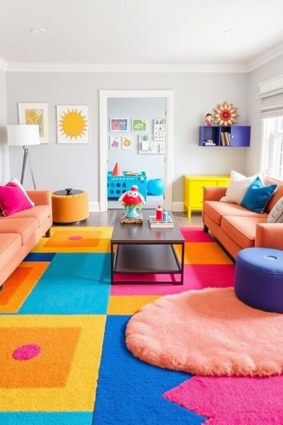 A brightly colored area rug anchors the living room, featuring bold geometric patterns that add vibrancy to the space. Surrounding the rug are plush sofas and a coffee table, creating an inviting atmosphere for relaxation and socializing. In the playroom, a soft, brightly colored area rug provides a comfortable play surface for children. The rug complements playful wall art and storage solutions, enhancing the overall cheerful and functional design of the room.