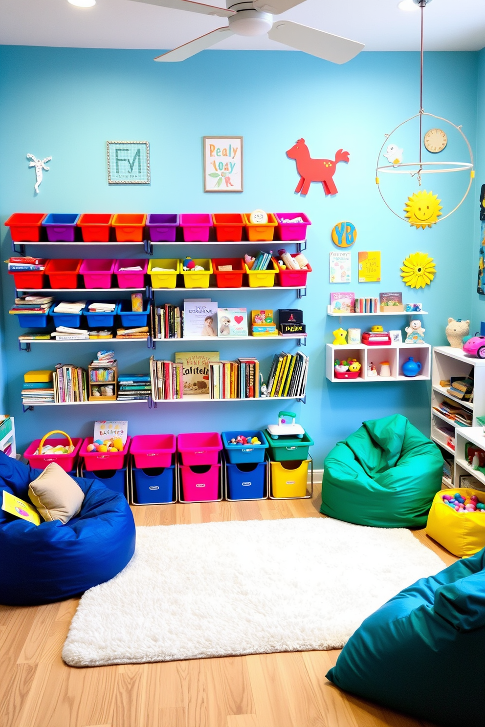 A vibrant playroom filled with creativity and fun. The wall-mounted shelves are adorned with colorful bins for easy access to toys and books. The room features a cozy seating area with bean bags and a soft rug. Bright wall art and playful decorations enhance the cheerful atmosphere.