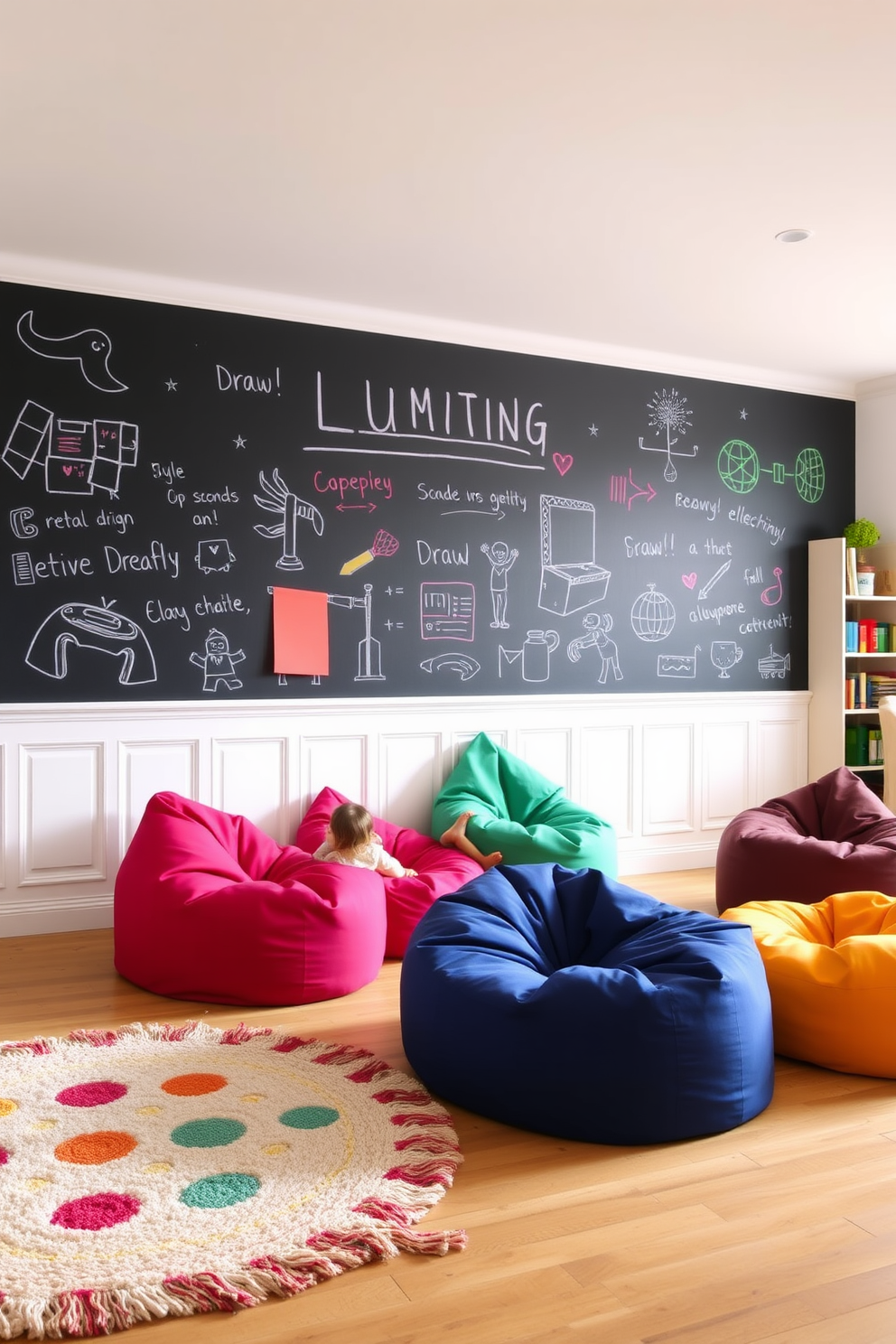 A vibrant living room playroom features an interactive chalkboard wall that invites creativity and fun. The space is filled with colorful bean bags and a cozy rug, creating an inviting atmosphere for children to draw and play.