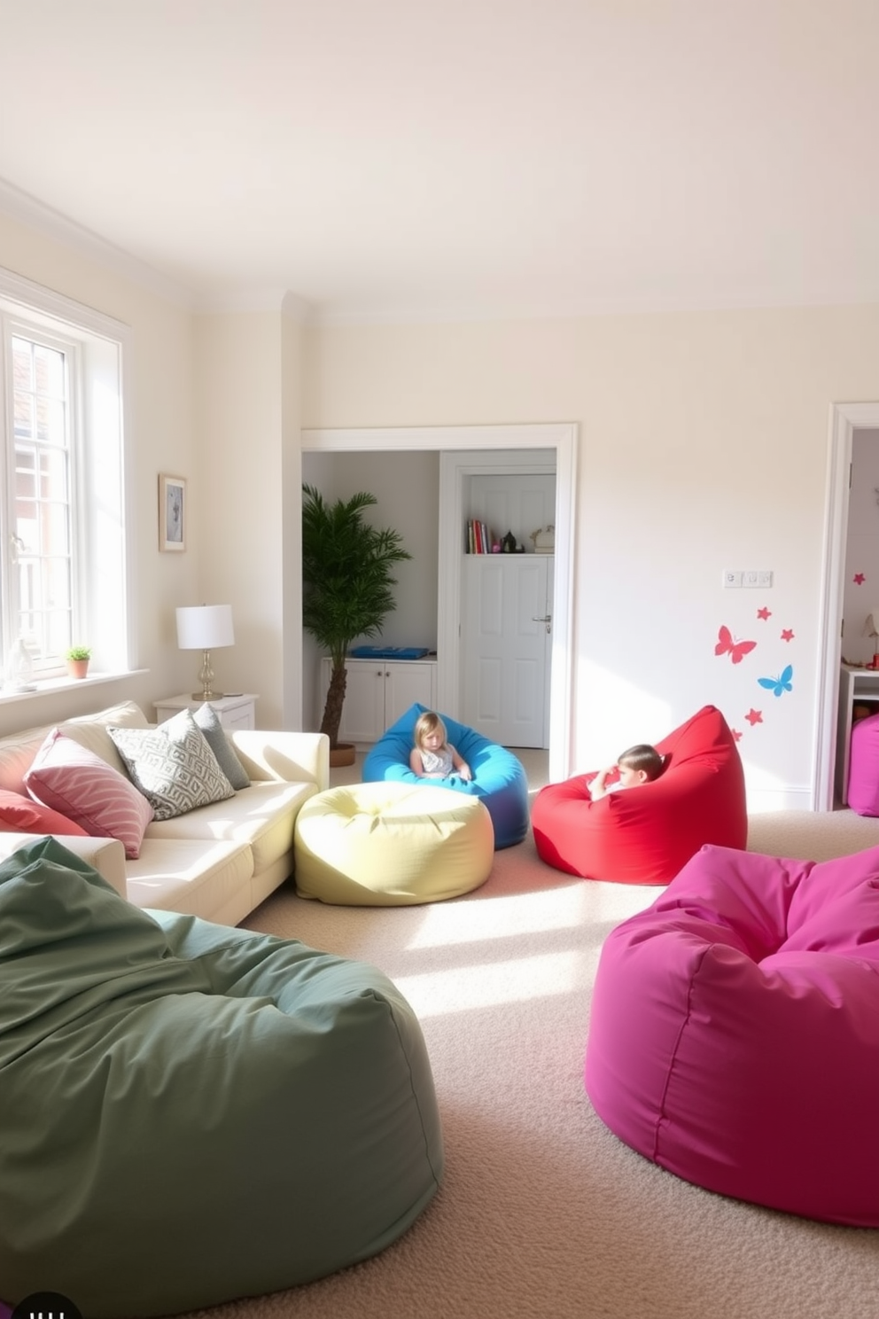 Soft bean bags for relaxed seating create a cozy atmosphere in the living room. The space is filled with natural light, and the walls are painted in a soft pastel color to enhance the playful vibe. In the playroom, vibrant bean bags in various colors invite children to sit and play comfortably. The flooring is a soft carpet, and playful wall decals add a fun touch to the overall design.