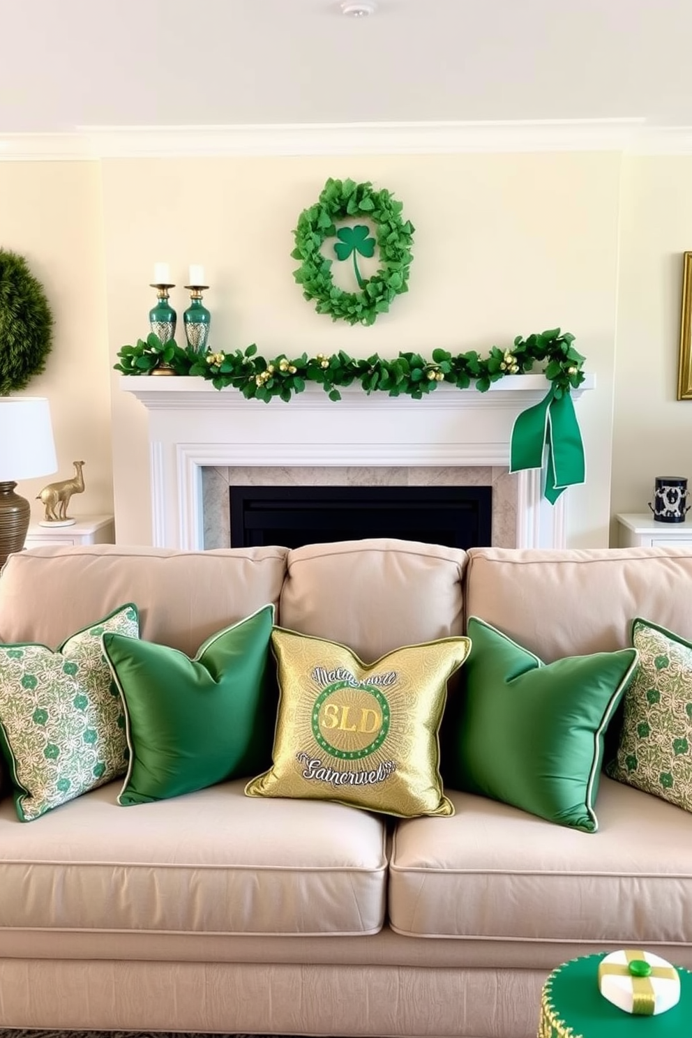 A cozy living room adorned for St. Patrick's Day features a plush sofa decorated with green and gold throw pillows. The walls are painted in a soft cream color, and a festive garland of shamrocks hangs above the mantelpiece.