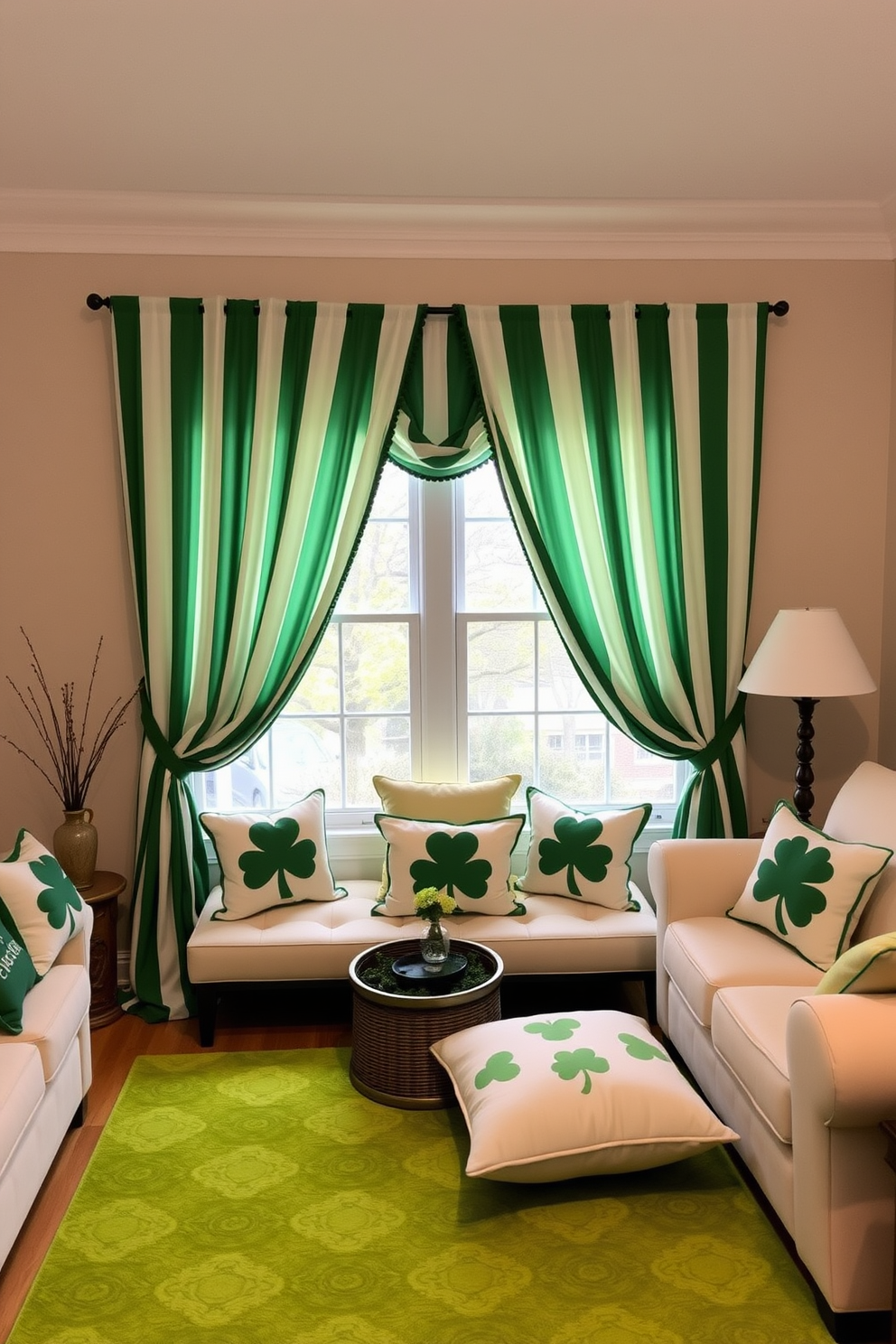 A cozy living room adorned with green and white striped curtains that gently frame the windows. The space is decorated for St. Patrick's Day, featuring playful elements like shamrock-themed throw pillows and a vibrant green area rug.