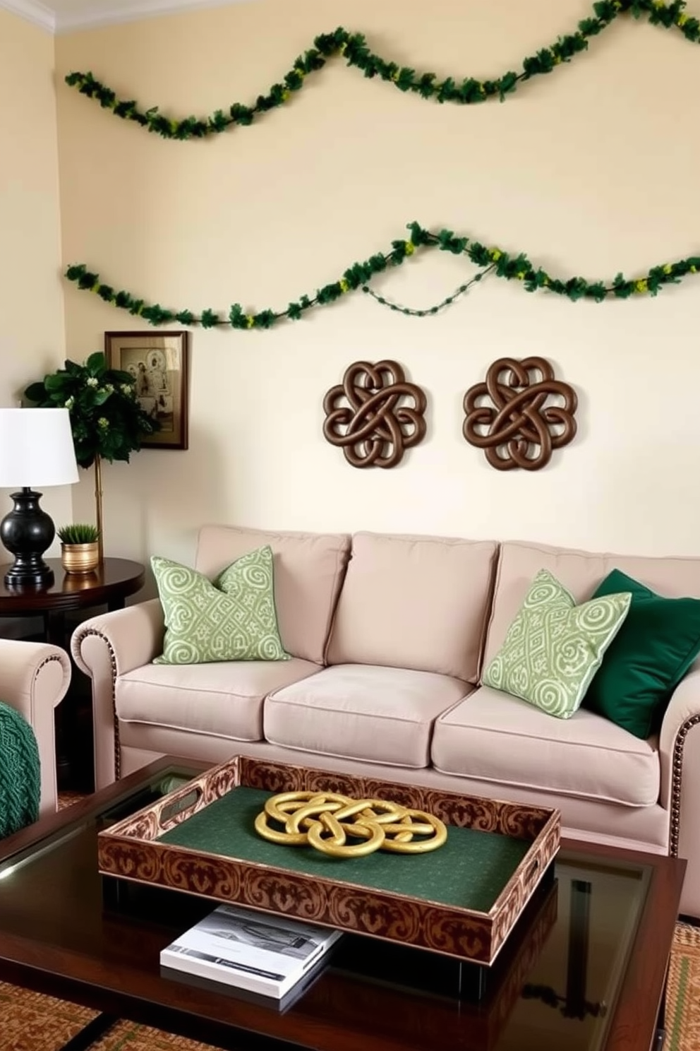 A cozy living room adorned with hand-painted shamrock coasters placed on various tables. The decor features shades of green and gold, creating a festive atmosphere for St. Patrick's Day celebrations.