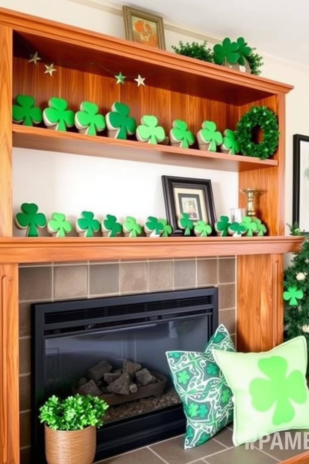 A cozy living room adorned for St. Patrick's Day features shelves lined with DIY painted shamrock rocks in various shades of green. The warm wood tones of the shelves complement the festive decorations, creating a cheerful and inviting atmosphere.