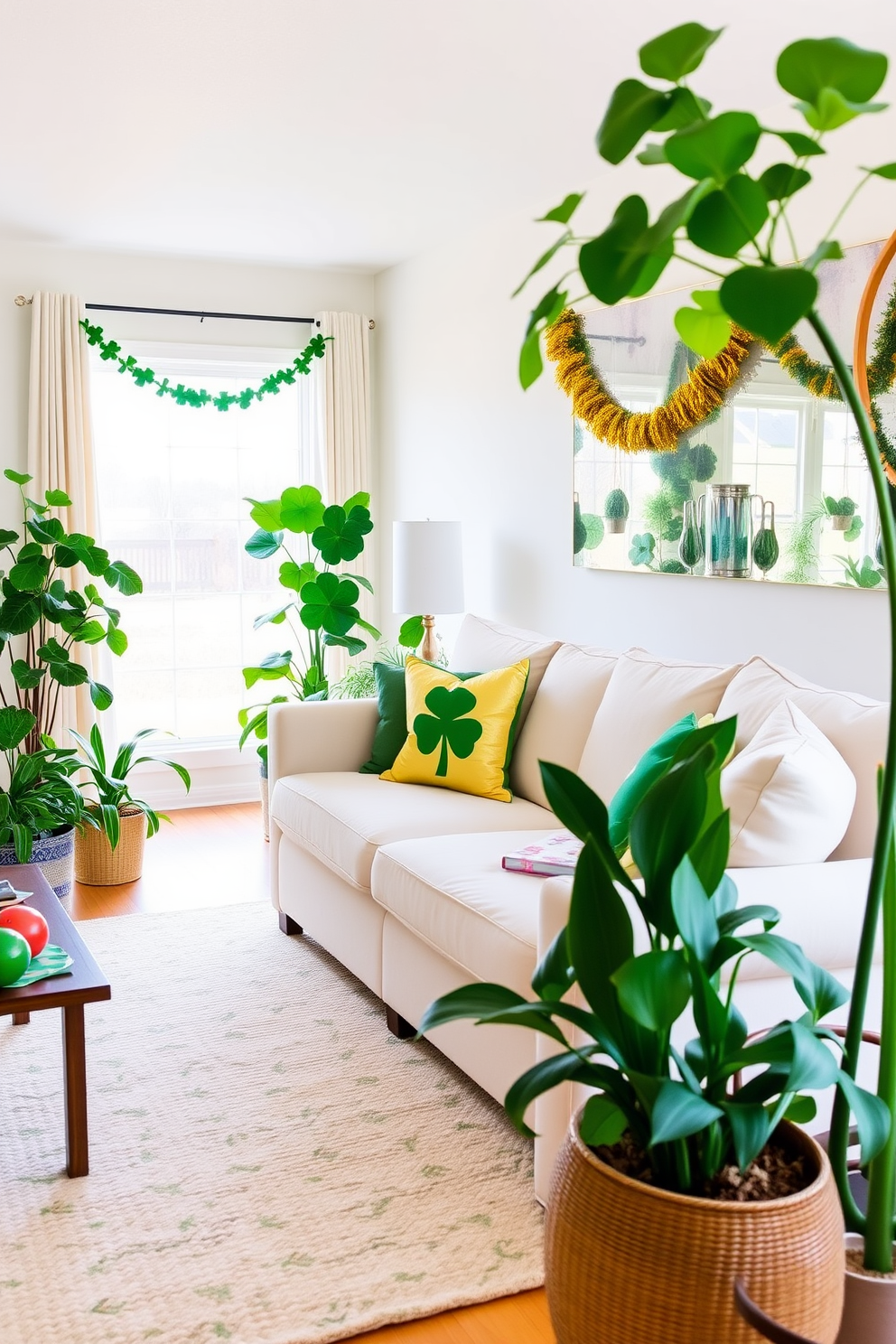 A bright and airy living room adorned with potted green plants that bring a fresh and vibrant touch to the space. The plants are strategically placed around the room to enhance the natural light and create a calming atmosphere. For St. Patrick's Day, the living room features festive decorations such as green and gold accents. Shamrock-themed throw pillows and a cheerful garland add a playful touch, celebrating the holiday while maintaining an elegant aesthetic.