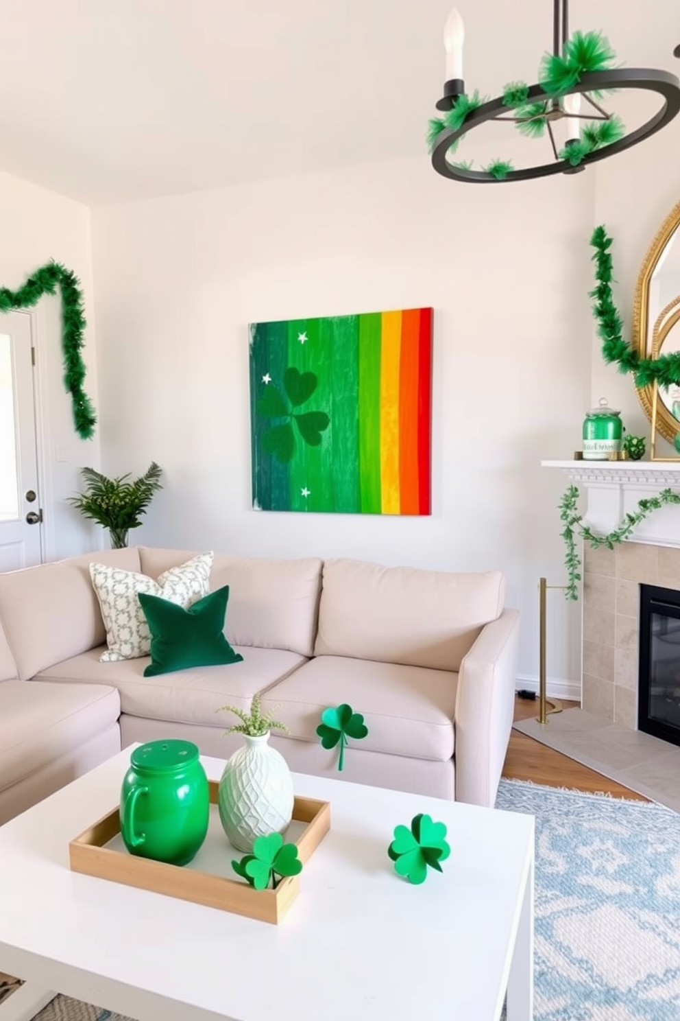 A bright living room featuring a large piece of rainbow artwork that adds a cheerful and vibrant touch to the space. The walls are painted in a soft white, allowing the colors of the artwork to pop, while a cozy sofa in a neutral tone complements the lively atmosphere. Decorations for St. Patrick's Day adorn the room with touches of green and gold. Shamrock accents are placed on the coffee table, and festive garlands hang from the mantel, creating a warm and inviting environment for celebrating the holiday.