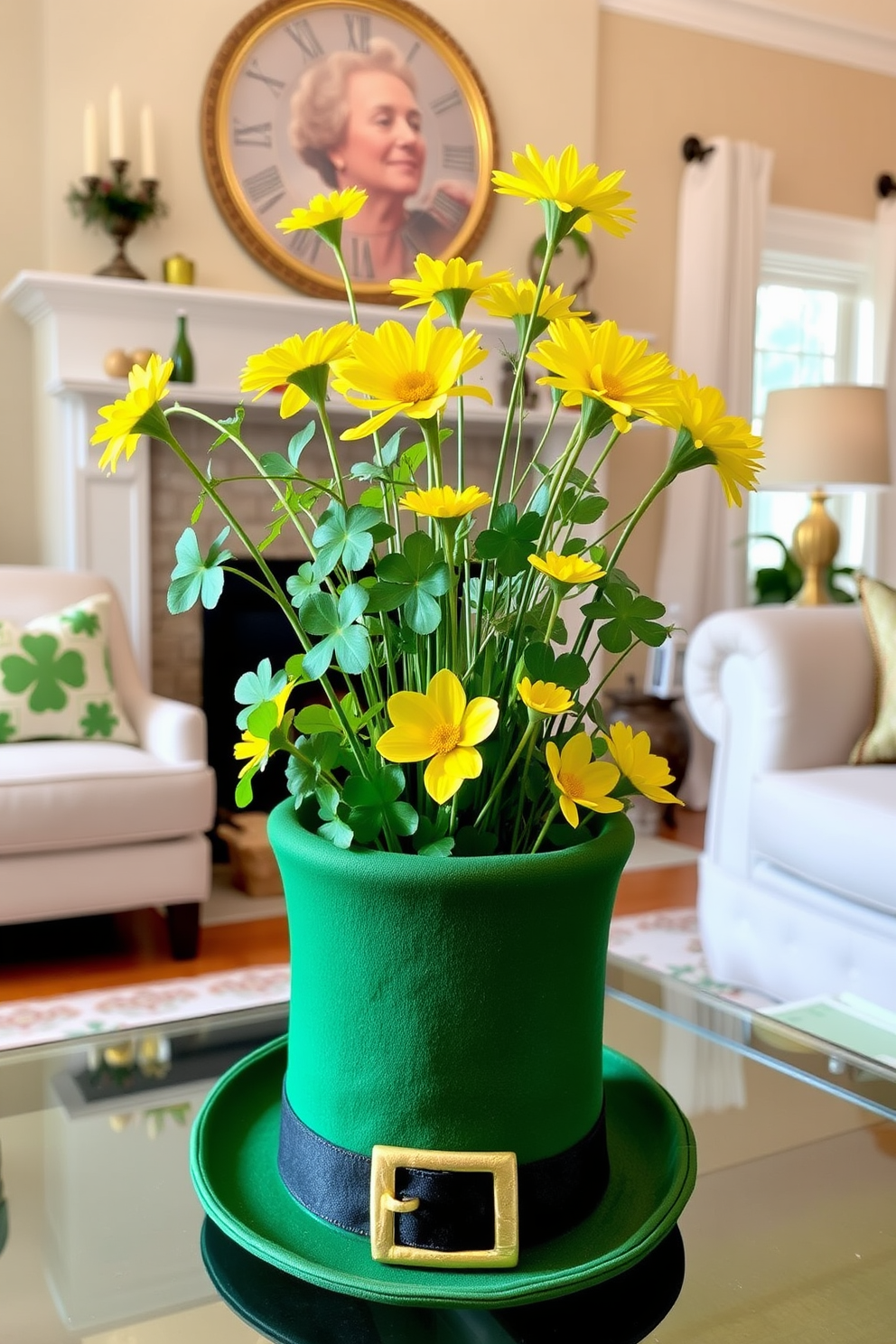 A charming living room decorated for St. Patrick's Day features a whimsical leprechaun hat repurposed as a unique vase. The hat is filled with vibrant green shamrocks and bright yellow flowers, adding a festive touch to the space.