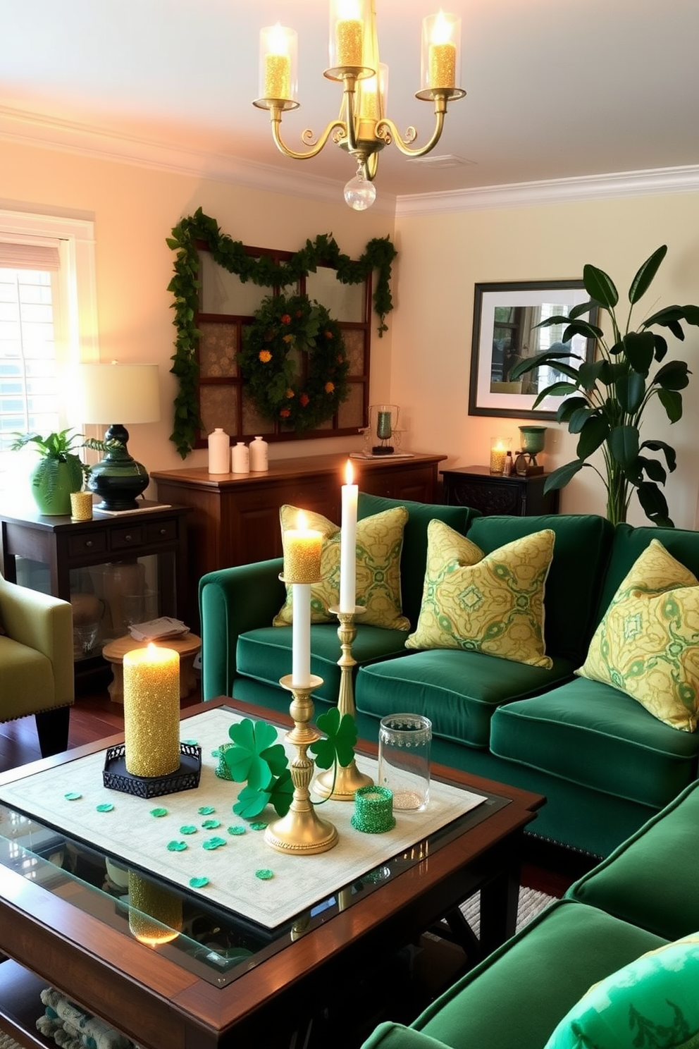 A cozy living room adorned with festive candles in green holders creates a warm and inviting atmosphere. Each candle flickers softly, casting a gentle glow on the surrounding decor, enhancing the St. Patrick's Day theme.