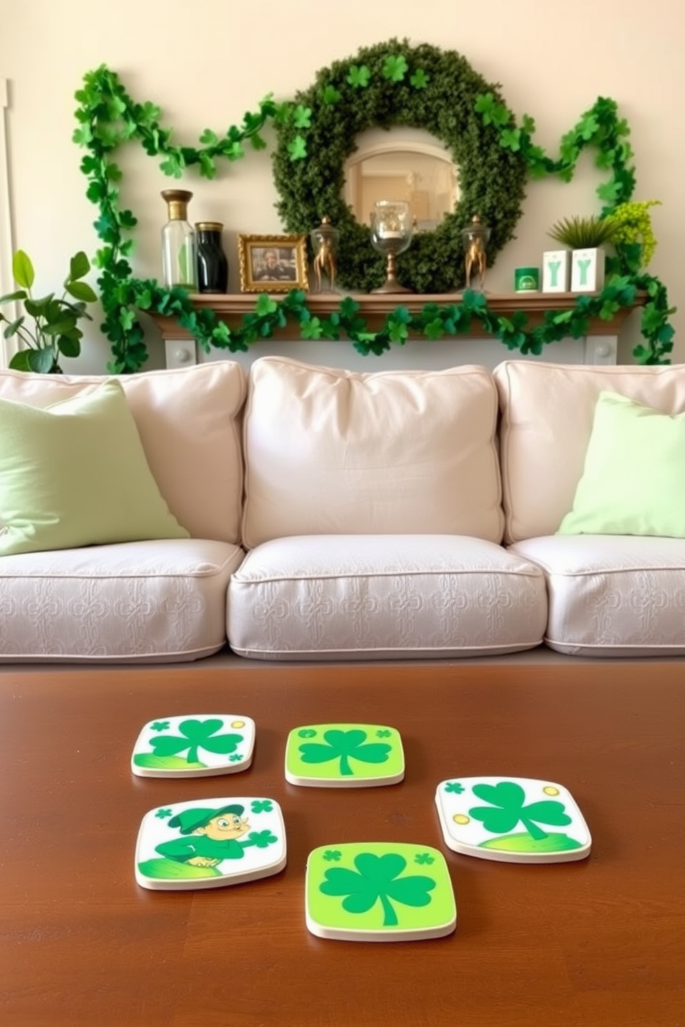 A cozy living room adorned with St. Patrick's Day themed coasters on the coffee table. The coasters are decorated with shamrocks and leprechauns, adding a festive touch to the space. Soft green throw pillows are scattered on the sofa, complementing the light beige fabric. A cheerful garland of shamrocks hangs above the mantel, enhancing the room's celebratory atmosphere.