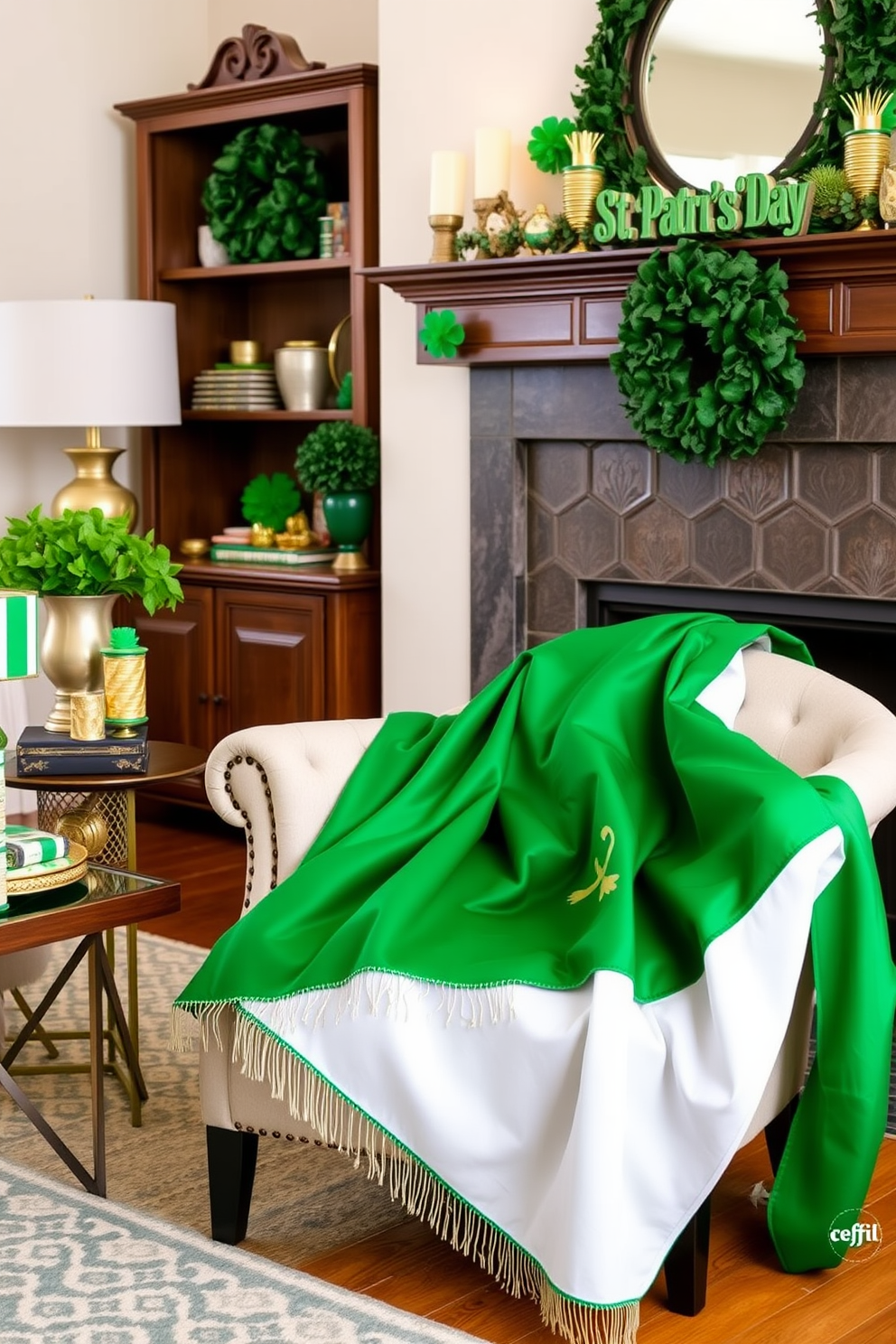 A cozy living room adorned for St. Patrick's Day features an Irish flag throw blanket elegantly draped over a stylish armchair. The space is accented with green and gold decor, creating a festive yet sophisticated atmosphere.