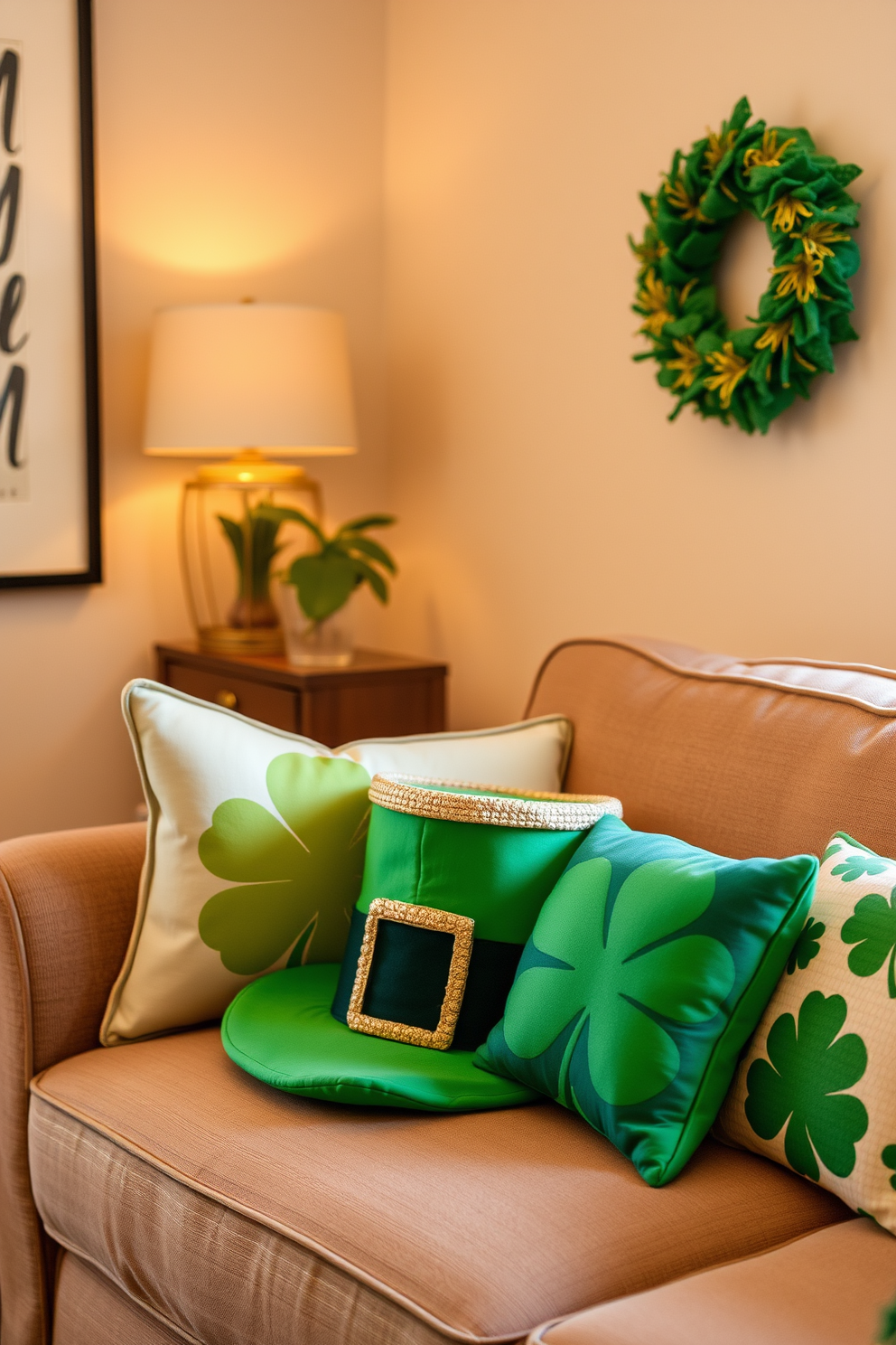 A whimsical leprechaun hat doorstop sits in the corner of a cozy living room. The vibrant green hat features playful golden accents and adds a festive touch to the St. Patrick's Day decor. Surrounding the doorstop, a collection of cheerful shamrock-themed pillows adorns the sofa. Soft, warm lighting creates an inviting atmosphere, perfect for celebrating the holiday with friends and family.