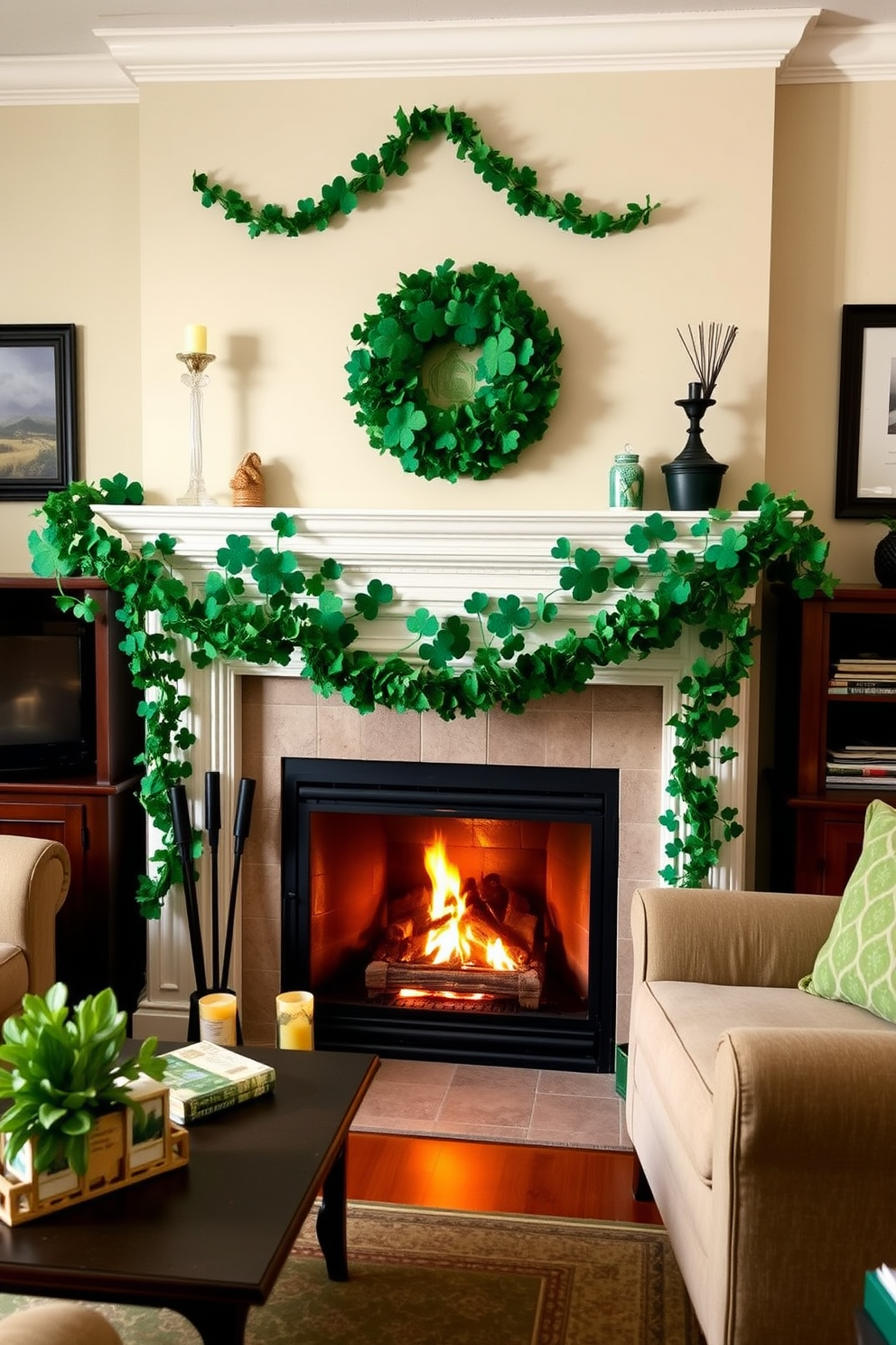 A cozy living room adorned for St. Patrick's Day features a shamrock garland elegantly draped over the mantel. The warm glow of a fireplace complements the festive decor, creating an inviting atmosphere for gatherings.