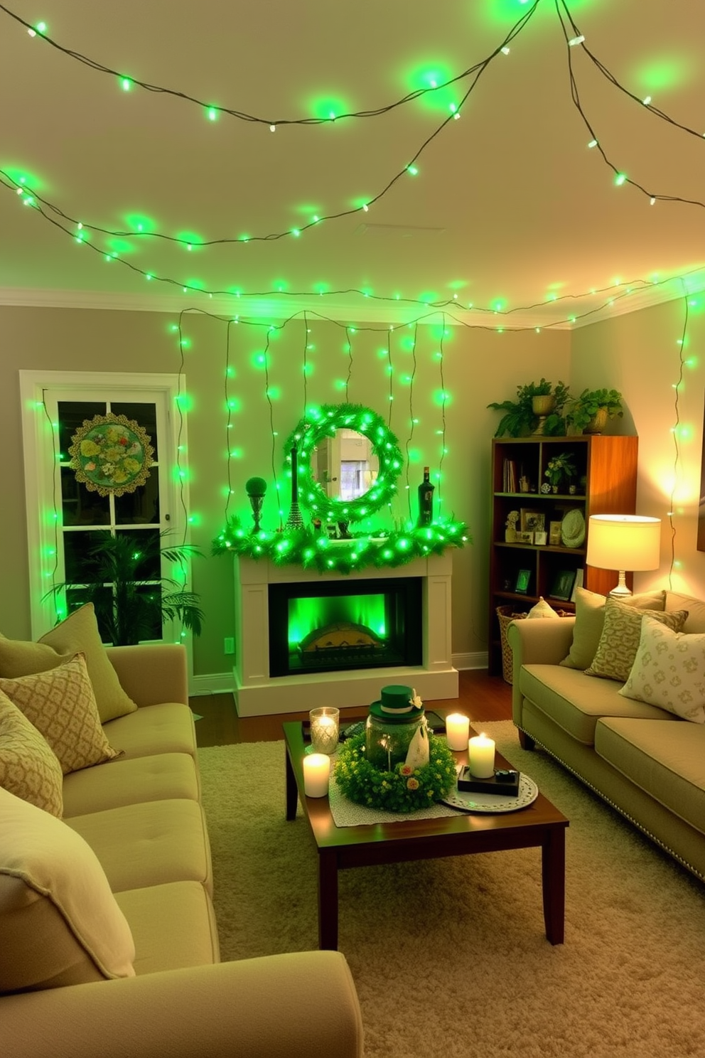 A vibrant seasonal wreath adorned with green and gold accents hangs on the front door, welcoming guests with a festive touch. The wreath features shamrocks, ribbons, and small decorative elements that evoke the spirit of St. Patrick's Day. Inside the living room, playful St. Patrick's Day decorations bring a cheerful atmosphere to the space. Green throw pillows, a cozy blanket draped over the couch, and a centerpiece of gold coins and small leprechaun figurines create a whimsical setting.