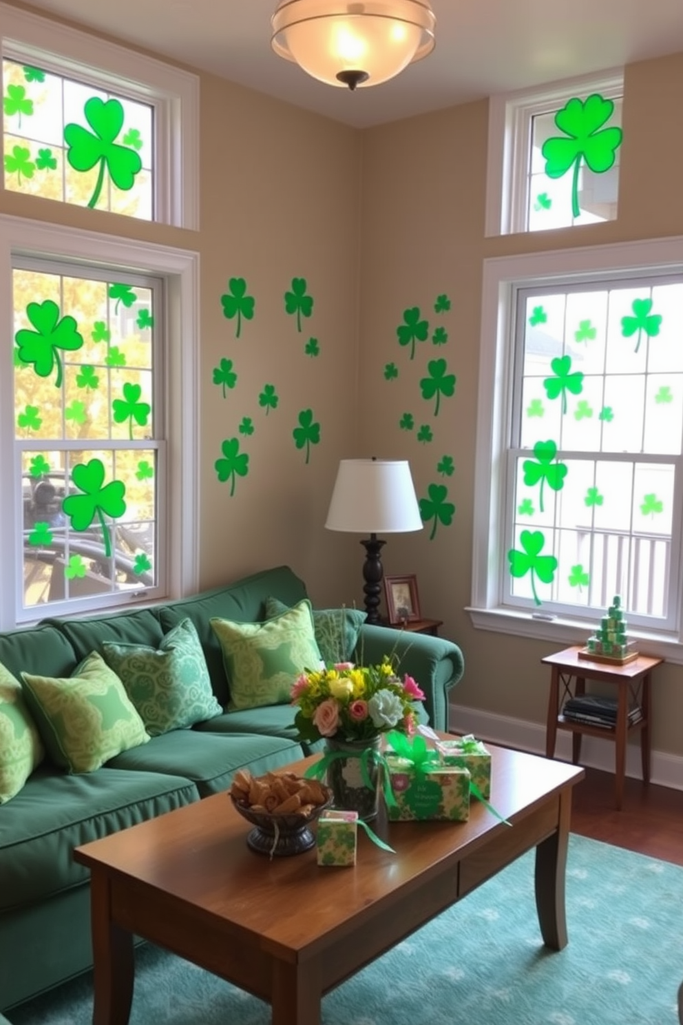 A lively living room adorned with shamrock stickers on the windows, creating a playful atmosphere for St. Patrick's Day. The room features a cozy green sofa with festive throw pillows and a coffee table decorated with a vibrant centerpiece of fresh flowers and themed decorations.