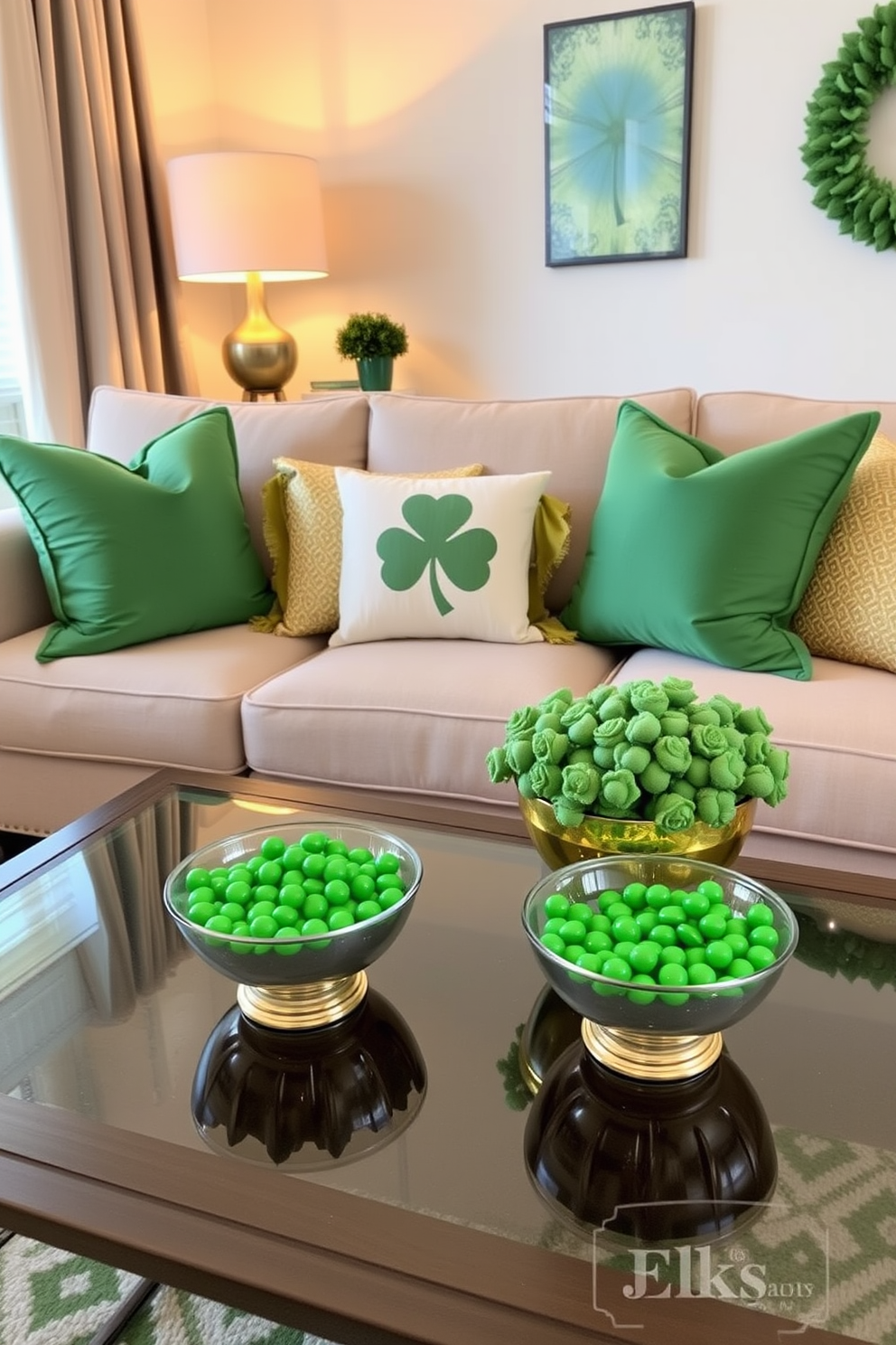 A stylish living room decorated for St. Patrick's Day features a cozy sofa adorned with green and gold throw pillows. On the coffee table, decorative bowls filled with vibrant green candies add a festive touch to the space.