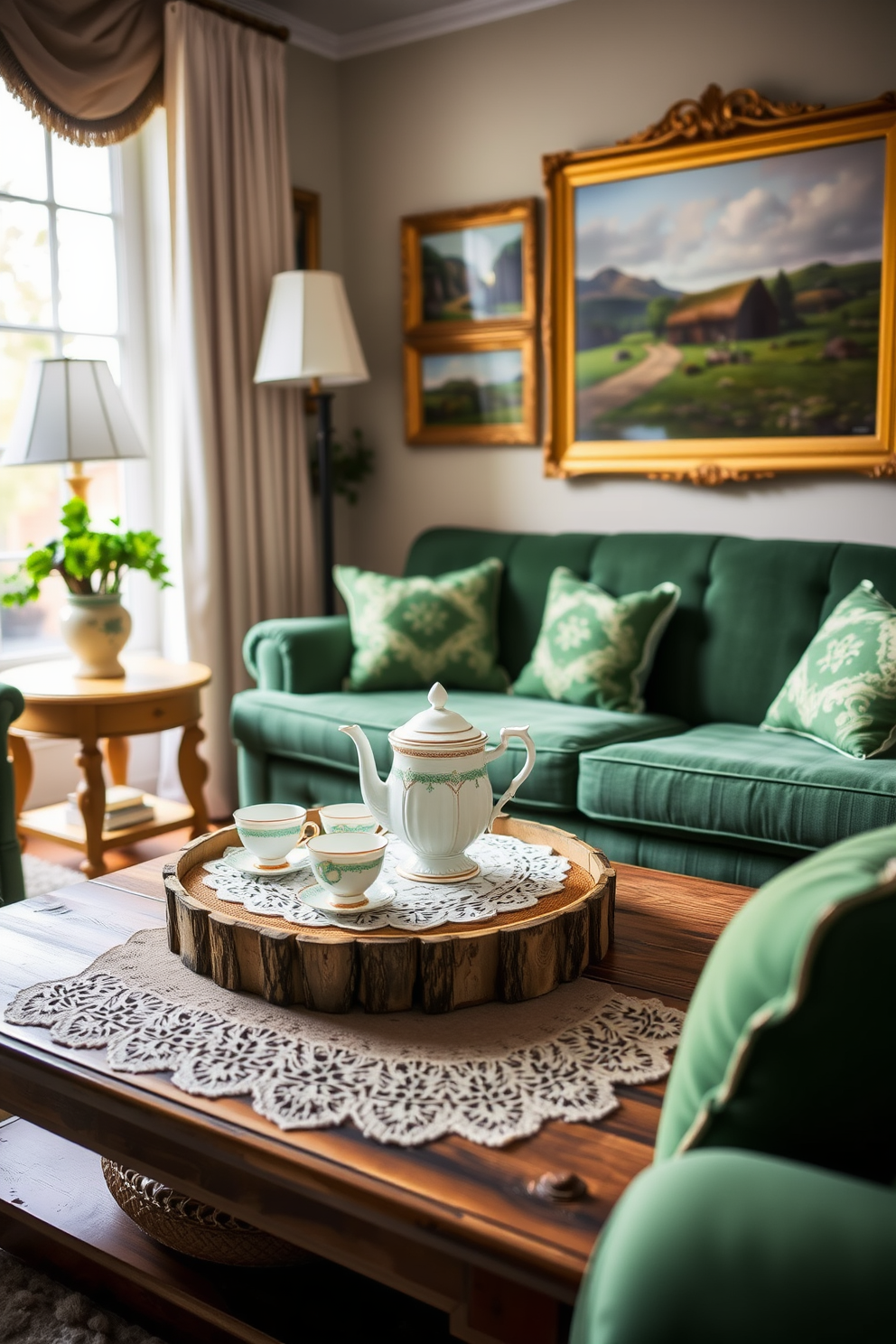 A cozy living room adorned with a vintage Irish tea set as the focal point. The delicate porcelain teacups and teapot are displayed on a lace doily atop a rustic wooden coffee table. Soft green and gold accents throughout the room evoke the spirit of St. Patrick's Day. A plush emerald green sofa is complemented by gold-framed artwork featuring Irish landscapes on the walls.