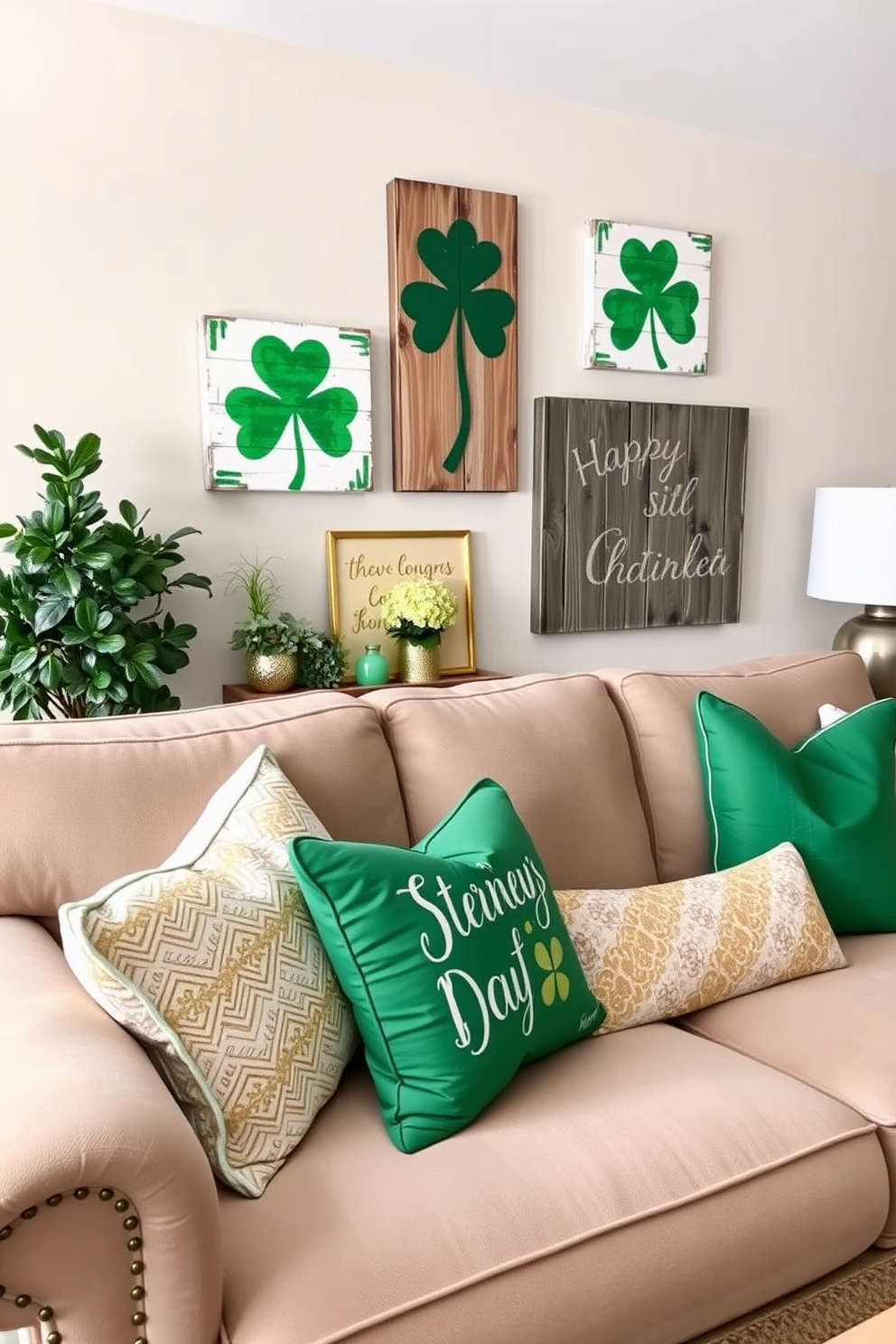 Create a cozy living room setting adorned with hand-painted shamrock signs on the walls. The decor features a mix of green and gold accents, with a plush sofa and festive throw pillows that celebrate St. Patrick's Day.