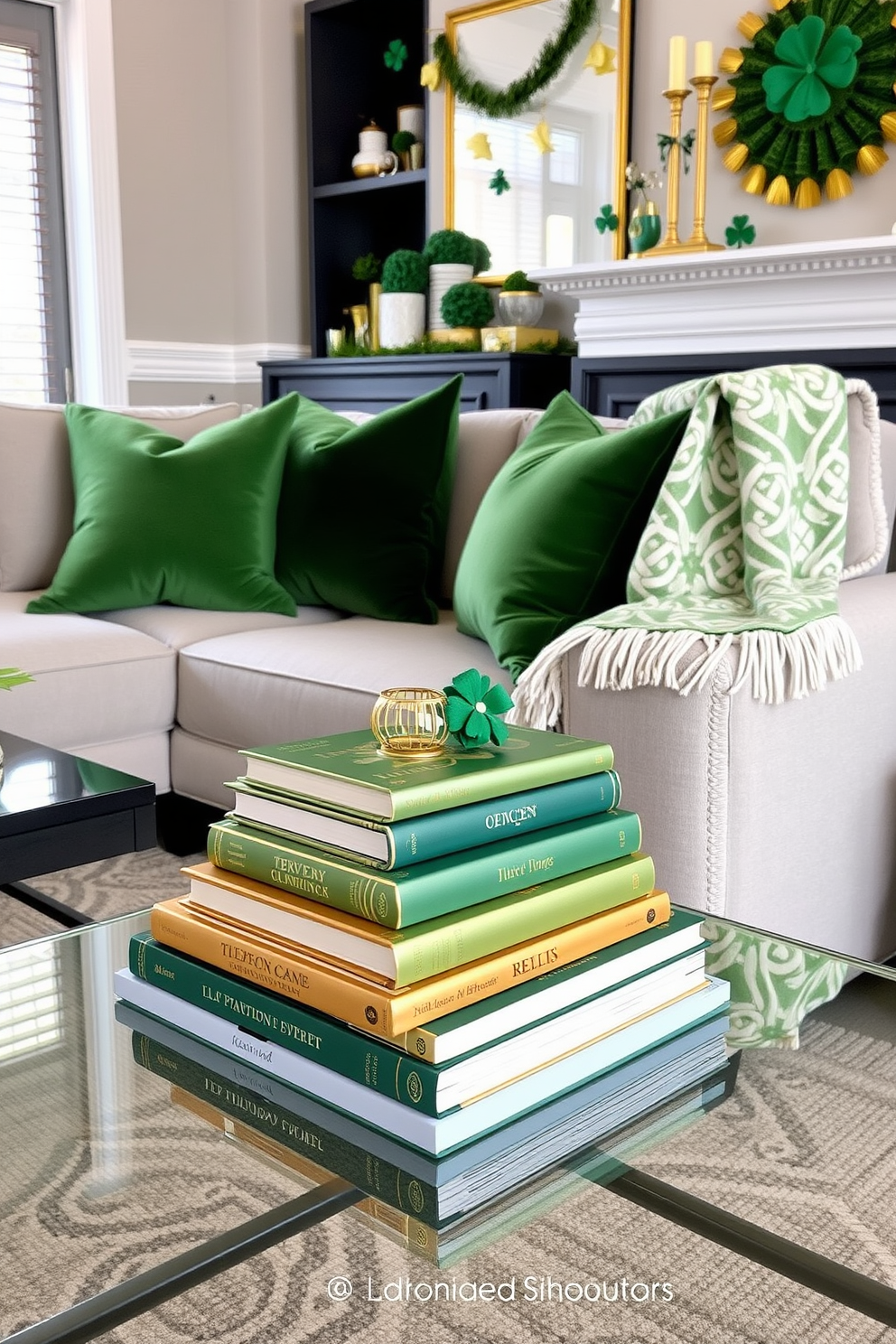 A stylish living room featuring a stack of books with gold and green covers arranged neatly on a sleek coffee table. The decor includes plush green cushions on a neutral-toned sofa and subtle gold accents throughout the space. For St. Patrick's Day, the room is adorned with festive decorations such as green shamrocks and gold accents. A cozy throw blanket with a Celtic pattern drapes over the arm of the sofa, enhancing the celebratory atmosphere.