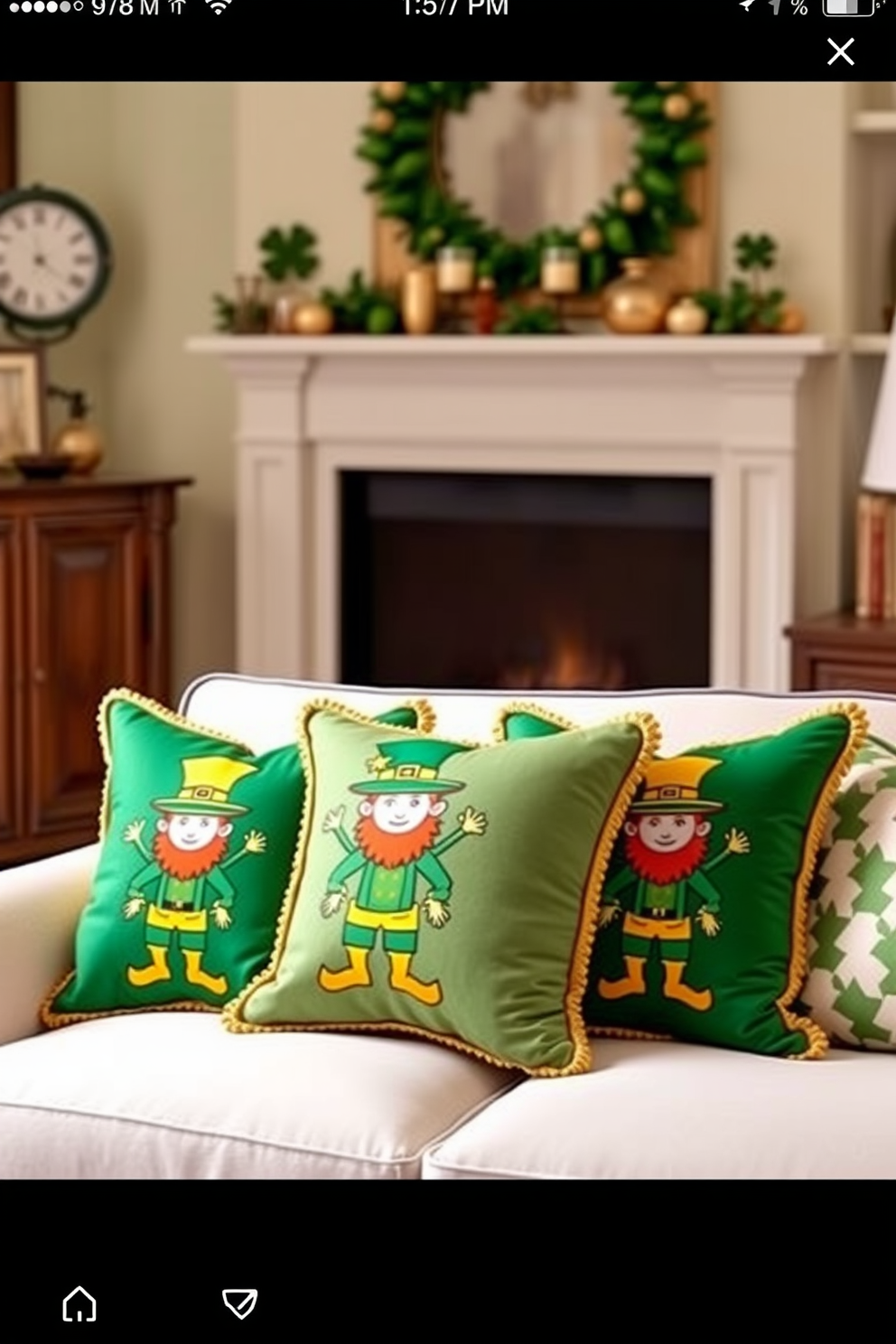 A vibrant living room adorned with brightly colored artwork featuring rainbows. The walls are decorated with a mix of framed paintings and prints that celebrate the spirit of St. Patrick's Day.