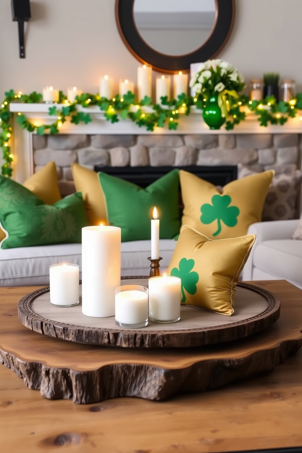 A cozy living room setting adorned with seasonal scented candles that create a warm and inviting ambiance. The candles are arranged on a rustic wooden coffee table surrounded by plush green and gold throw pillows that celebrate St. Patrick's Day. A vibrant garland of shamrocks drapes across the mantel, complementing the soft glow of the candles. A few decorative accents, such as a green vase filled with fresh flowers, add a festive touch to the overall decor.