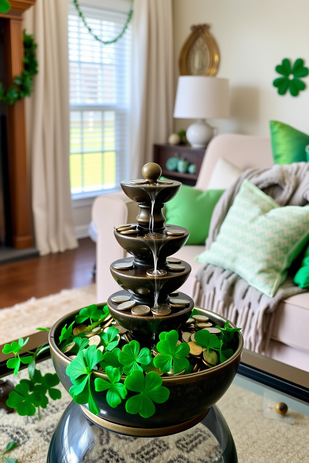 A charming living room adorned for St. Patrick's Day features a tabletop fountain that gently cascades water over a collection of shiny coins and vibrant green shamrocks. The space is filled with festive decorations, including green pillows and a cozy throw blanket draped over a neutral sofa.