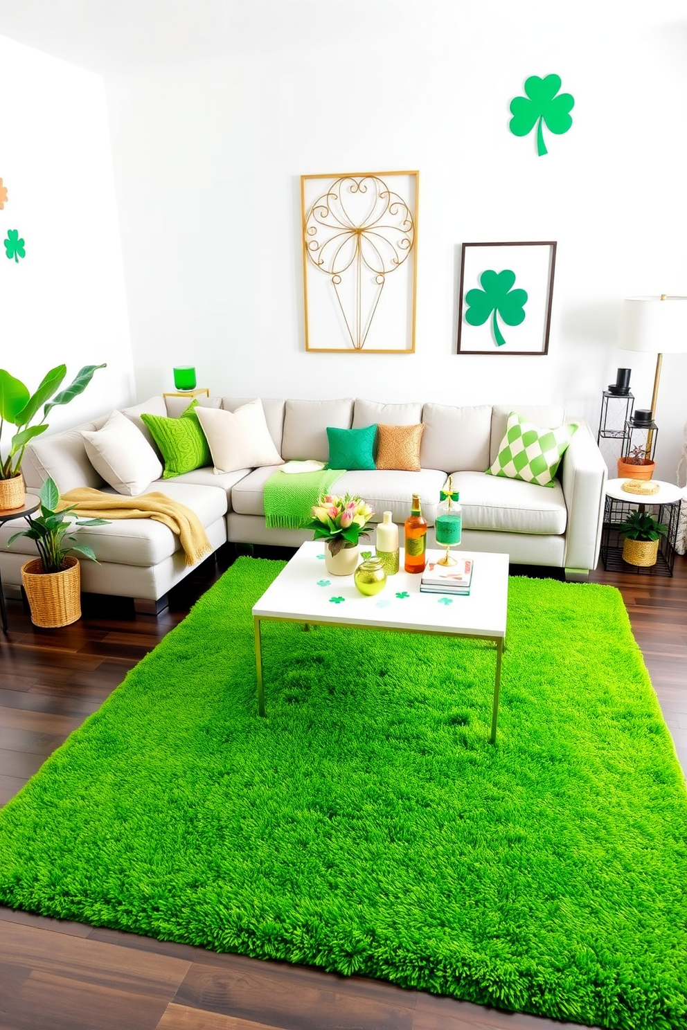 A bright green area rug is placed in the center of a modern living room to create a vibrant focal point. The room features a cozy sectional sofa adorned with neutral throw pillows and a coffee table topped with festive St. Patrick's Day decorations. On the walls, light colors enhance the cheerful atmosphere, while decorative elements like shamrock-themed wall art add to the festive spirit. A few potted plants in the corners bring in a touch of nature, complementing the lively green of the rug.