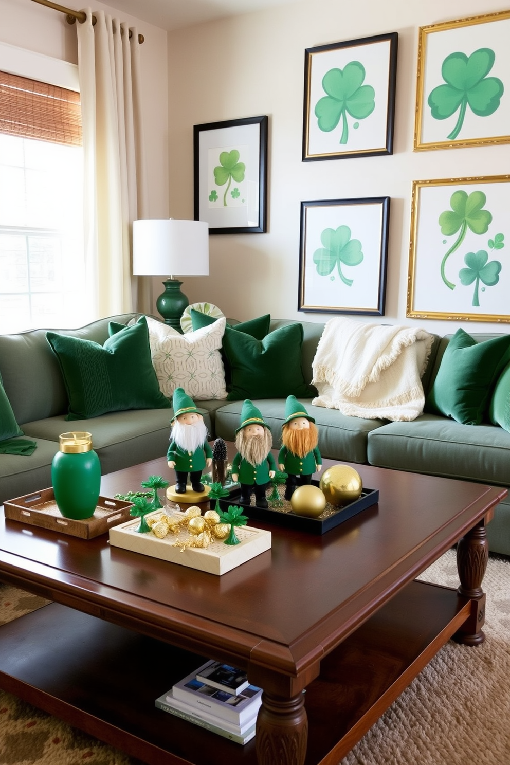 A cozy living room decorated for St. Patrick's Day features a warm and inviting atmosphere. On the coffee table, several charming leprechaun figurines are arranged alongside festive green and gold accents. The walls are adorned with cheerful shamrock-themed artwork, creating a playful yet elegant vibe. Plush green cushions and a soft throw blanket add comfort to the seating area, perfect for celebrating the holiday with friends and family.