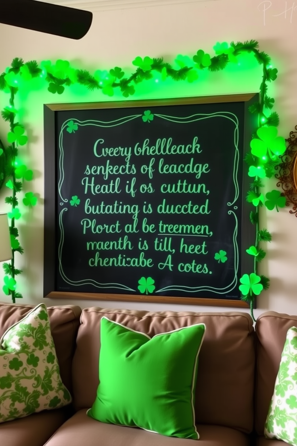 A cozy living room decorated for St. Patrick's Day features a large chalkboard displaying cheerful quotes in vibrant green chalk. Surrounding the chalkboard are festive decorations, including shamrock garlands and green throw pillows on a comfortable sofa.