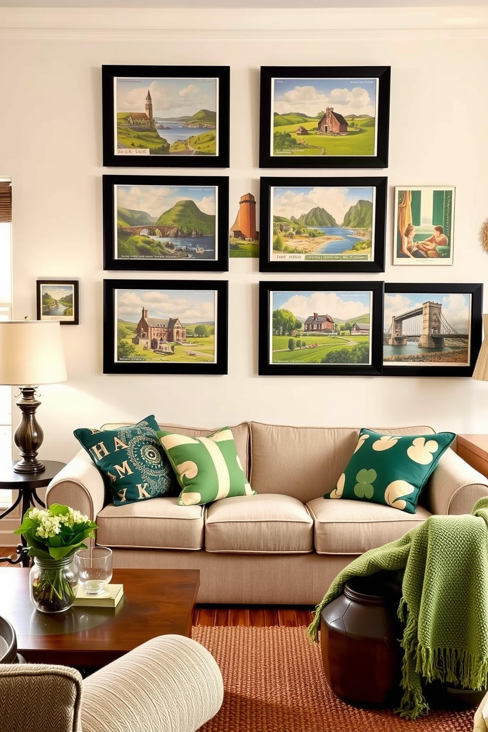 A cozy living room adorned with vintage Irish postcards as wall art. The postcards feature vibrant scenes of Ireland, creating a nostalgic atmosphere perfect for St. Patrick's Day celebrations.