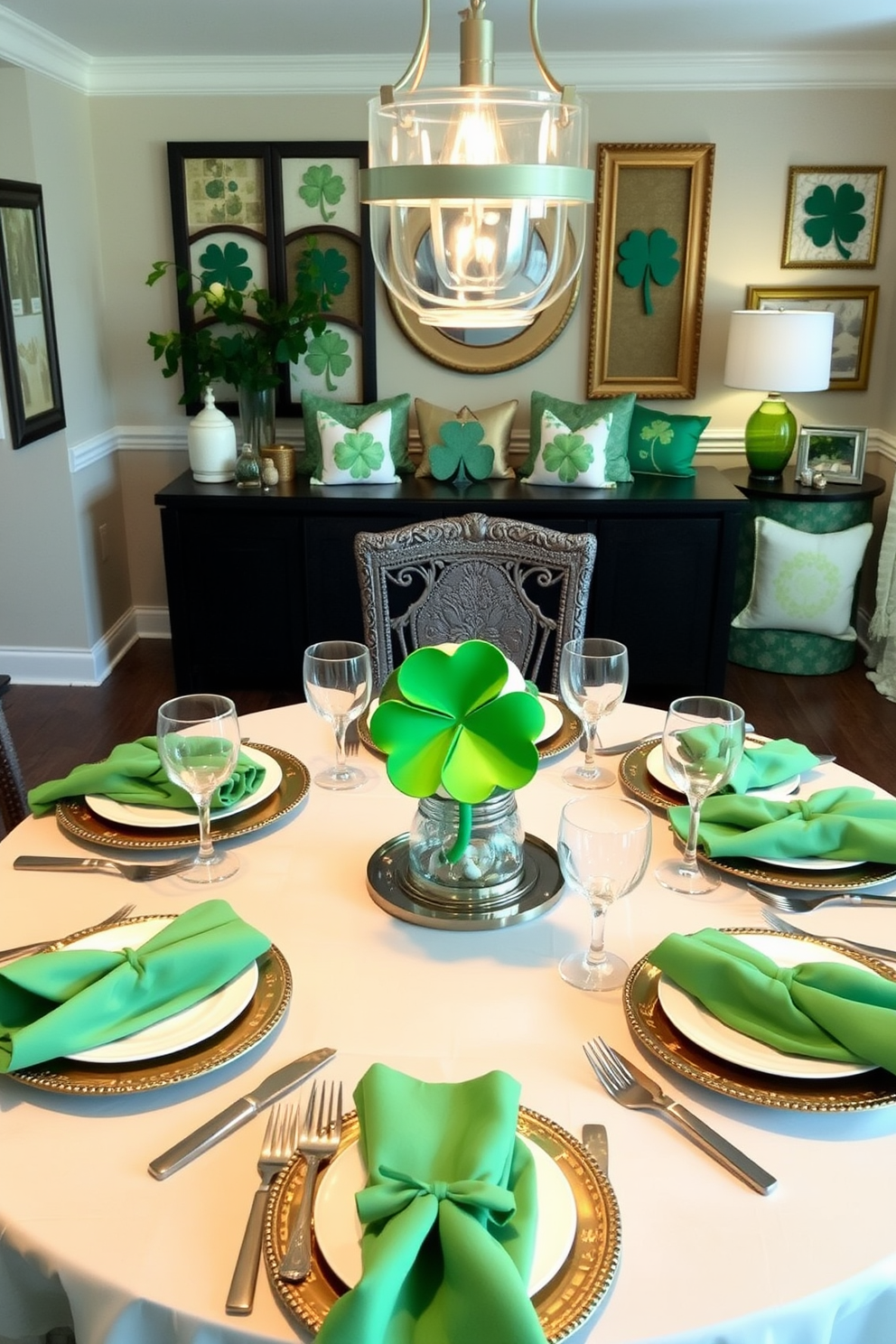 A festive table runner adorned with vibrant green clovers stretches across a polished wooden dining table. Surrounding the table are elegant white chairs, each topped with a small green cushion to enhance the St. Patrick's Day theme. On the table, a collection of gold and green decorative elements, such as candles and small potted plants, adds a touch of sophistication. A charming centerpiece featuring a mix of fresh flowers and traditional Irish symbols completes the inviting atmosphere for the celebration.