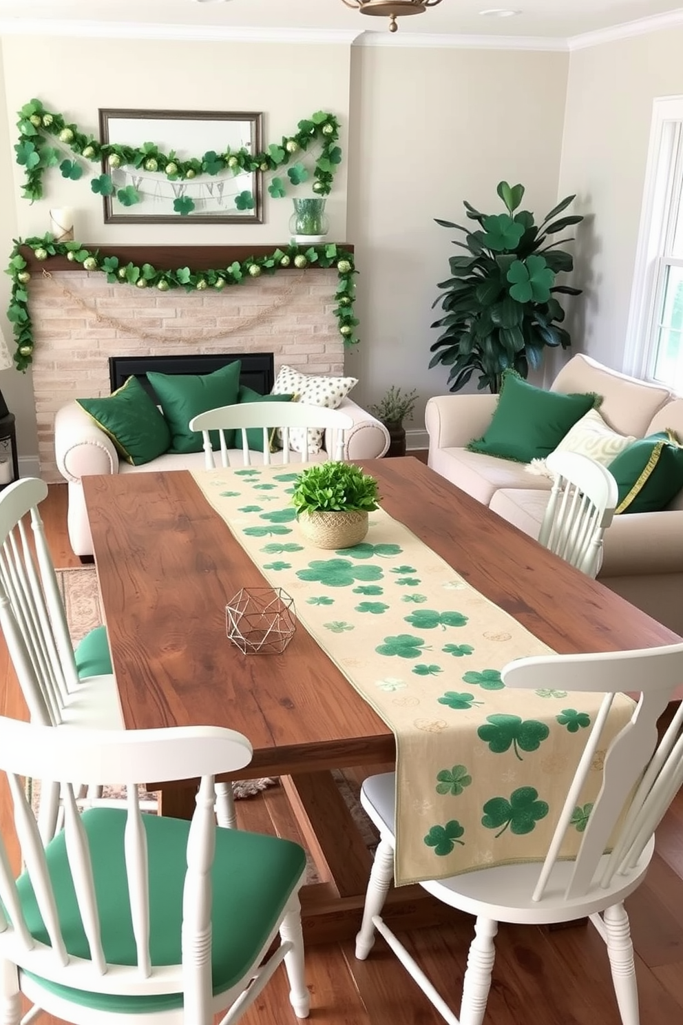 A cozy living room adorned for St. Patrick's Day features a DIY mason jar filled with vibrant green moss. The jar is placed on a rustic wooden coffee table, surrounded by festive decorations like shamrock accents and soft green throw pillows.