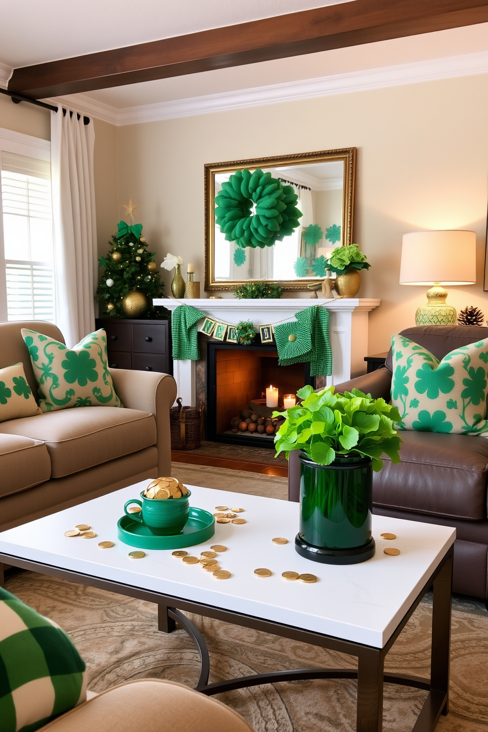 Bright green curtains frame the windows of a spacious living room, adding a vibrant pop of color to the space. The room is adorned with tasteful St. Patrick's Day decorations, including shamrock-themed throw pillows and a festive garland hanging above the mantel.