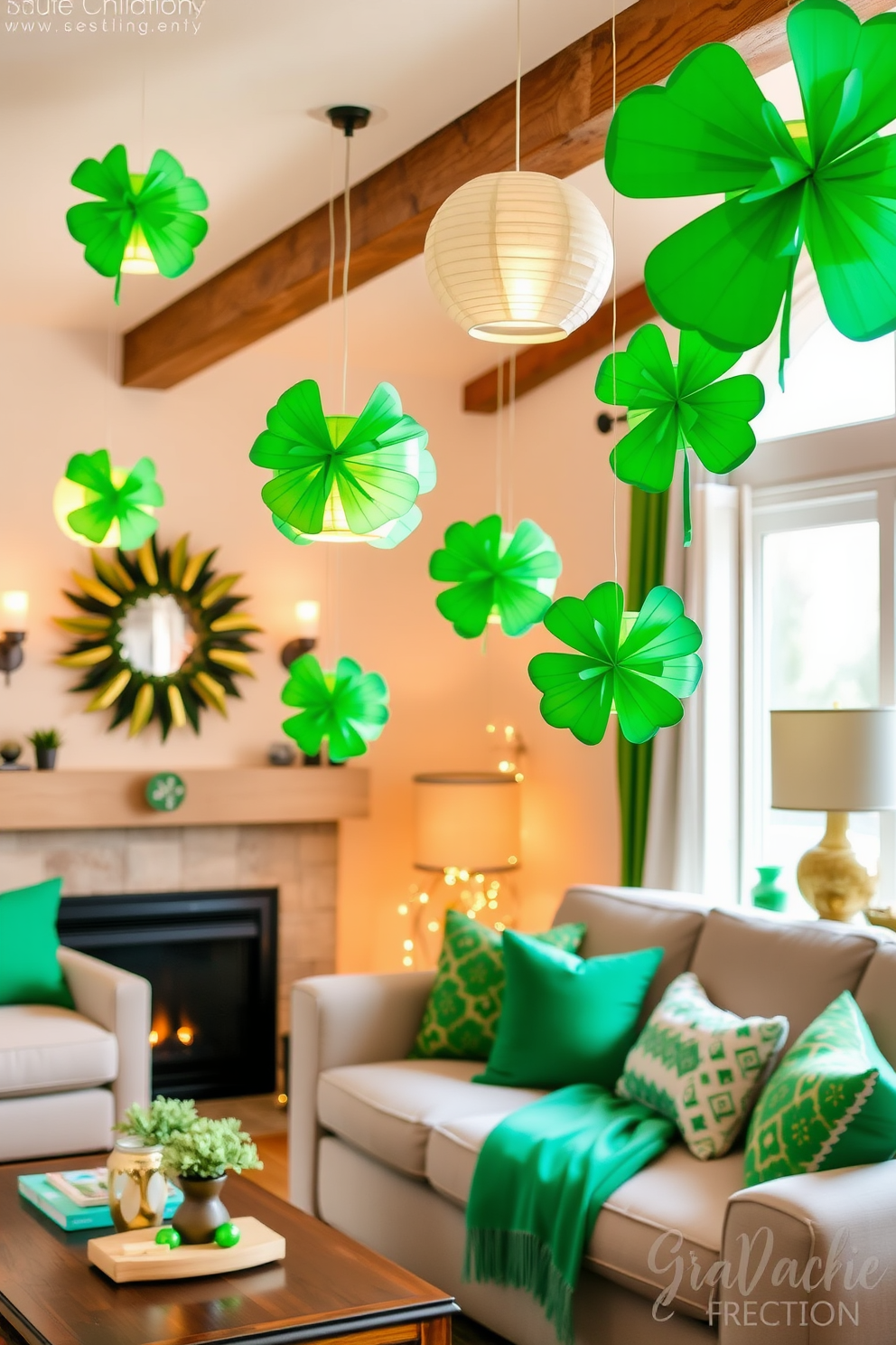 A cozy living room adorned for St. Patrick's Day features hanging shamrock paper lanterns gracefully suspended from the ceiling. The warm ambiance is complemented by green and gold accents throughout the room, creating a festive yet inviting atmosphere.