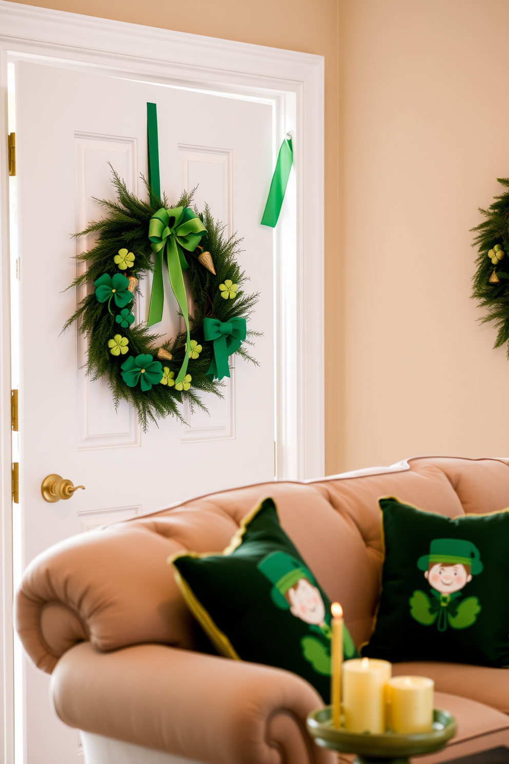 A festive wreath adorned with green ribbons and shamrocks hangs on a charming front door, welcoming guests with a touch of St. Patrick's Day spirit. The door is painted a cheerful white, contrasting beautifully with the vibrant greenery of the wreath. Inside the living room, cozy green and gold accents create a warm atmosphere, celebrating the holiday. A plush sofa is decorated with throw pillows featuring playful leprechaun motifs, while a small table displays a collection of decorative shamrocks and candles.