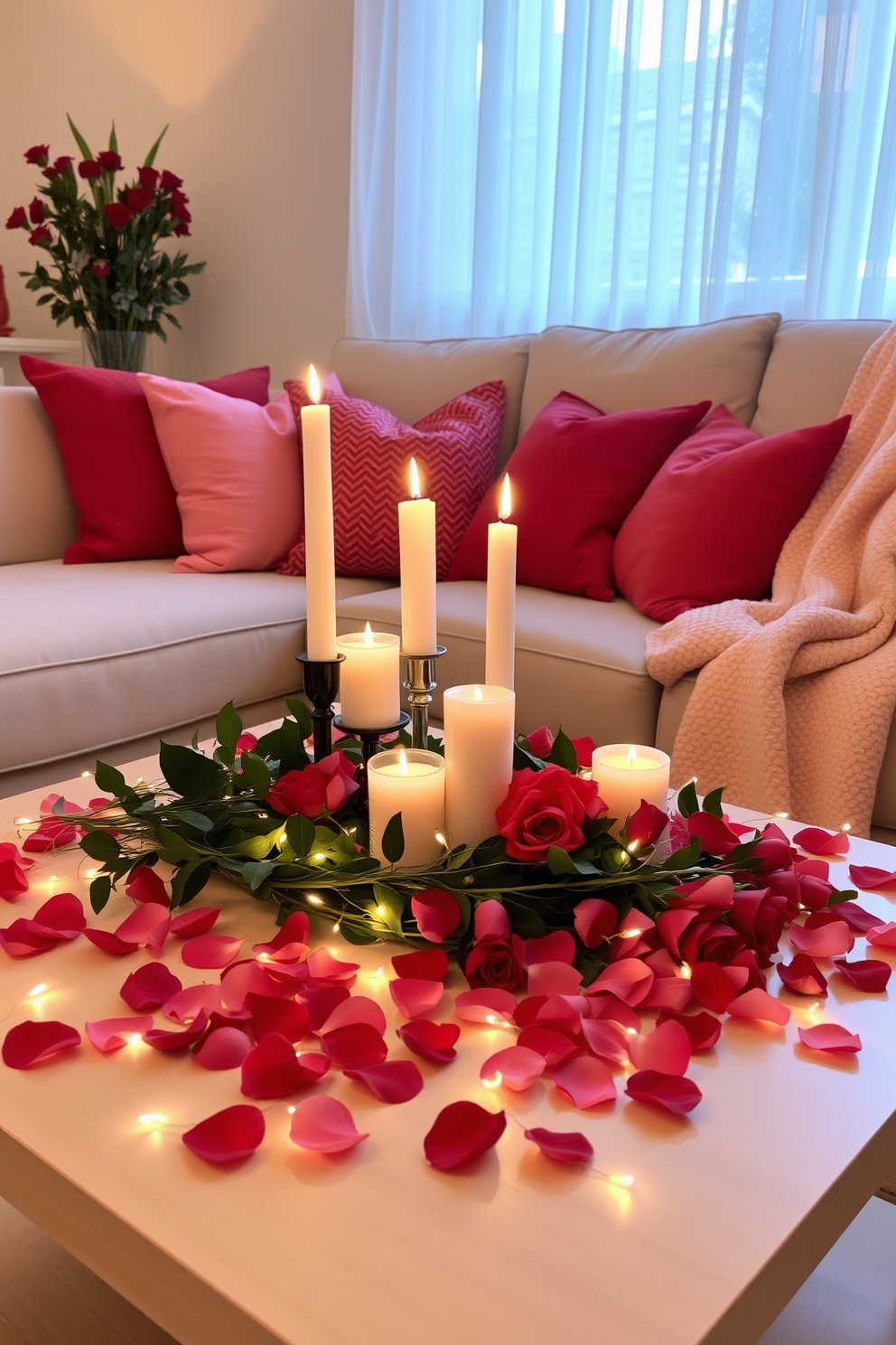 A cozy living room adorned with soft pink throw pillows scattered across a plush sofa. The space is illuminated by warm ambient lighting, creating an inviting atmosphere perfect for Valentine's Day celebrations.