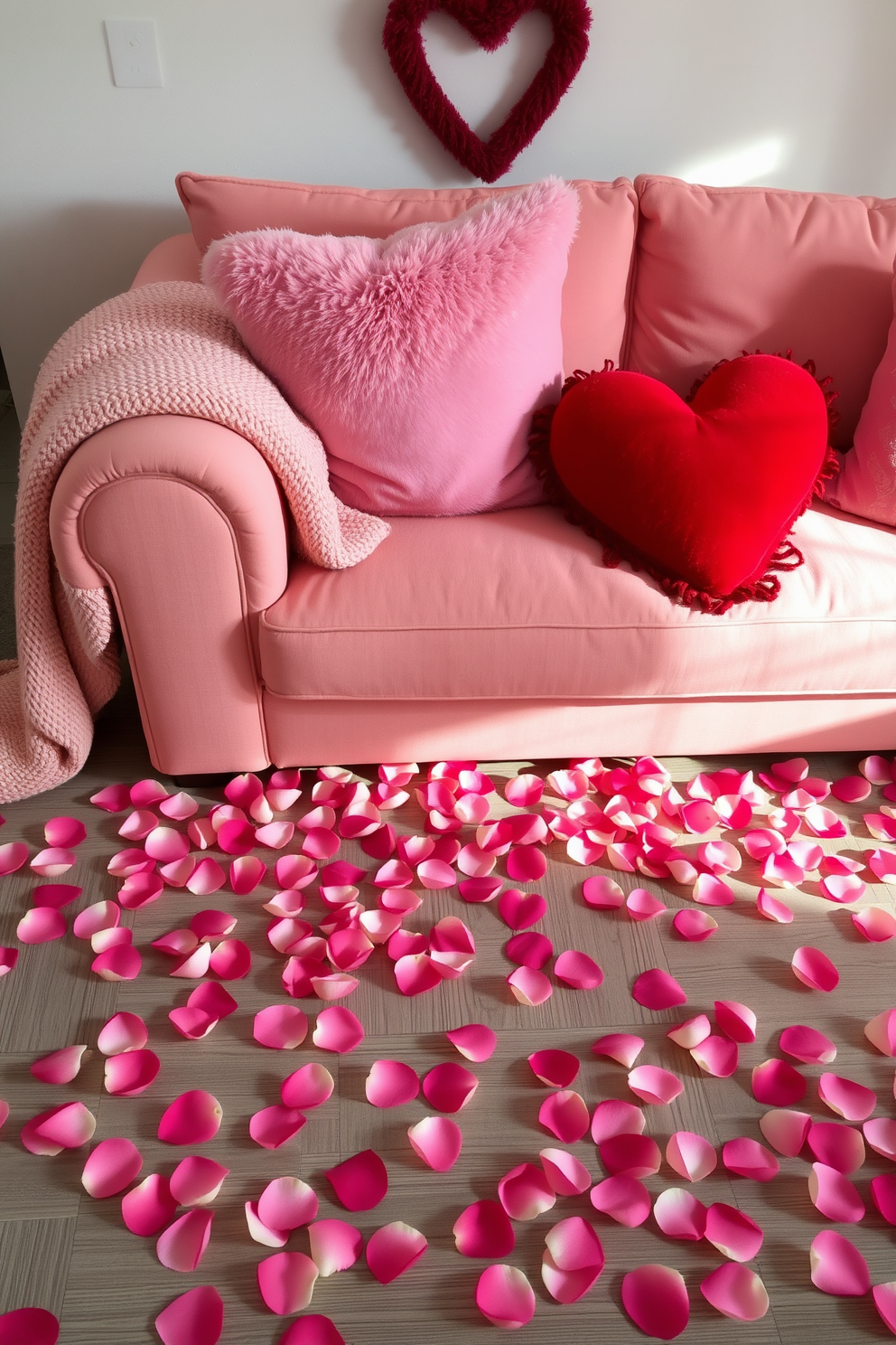 A romantic living room setting for Valentine's Day. Soft rose petals are scattered across the floor, creating a warm and inviting atmosphere. Plush cushions in shades of pink and red adorn the sofa. A cozy throw blanket drapes over the armrest, adding to the intimate decor.