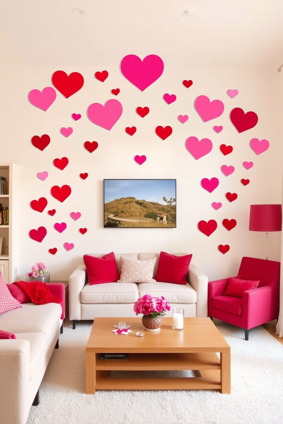 A cozy living room adorned for Valentine's Day features accent chairs upholstered in soft fabric with heart-patterned cushions. The chairs are positioned around a warm wooden coffee table, creating an inviting space for intimate gatherings.