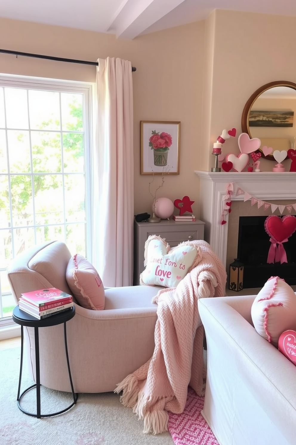 A cozy reading nook is designed with a plush armchair upholstered in soft fabric, positioned near a large window that lets in natural light. A small side table holds a stack of love-themed books, and a warm throw blanket is draped over the armchair for added comfort. The living room is adorned with Valentine's Day decorating ideas, featuring heart-shaped cushions on the sofa and soft pink and red accents throughout the space. A decorative garland of hearts hangs above the mantel, creating a romantic atmosphere perfect for the occasion.