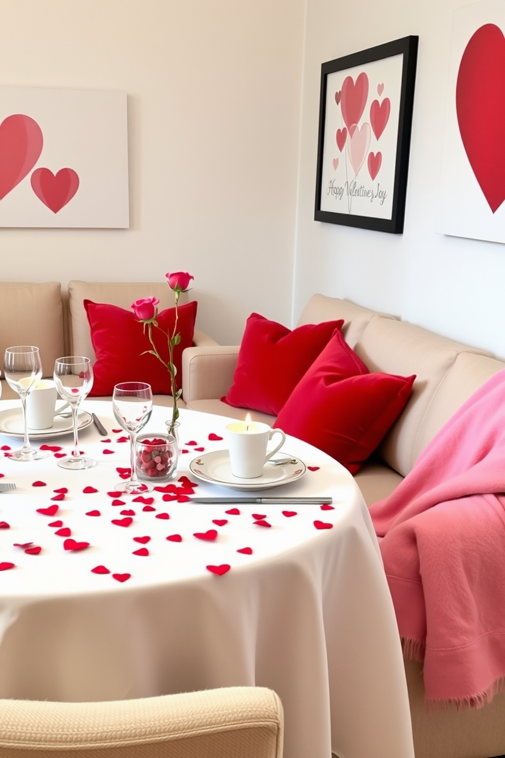 Elegant table settings with heart motifs. The table is adorned with a white tablecloth and scattered red heart-shaped confetti, complemented by fine china and crystal glassware. Living Room Valentines Day Decorating Ideas. The space features plush red and pink cushions on a neutral sofa, along with heart-themed wall art and a cozy throw blanket draped over the armrest.