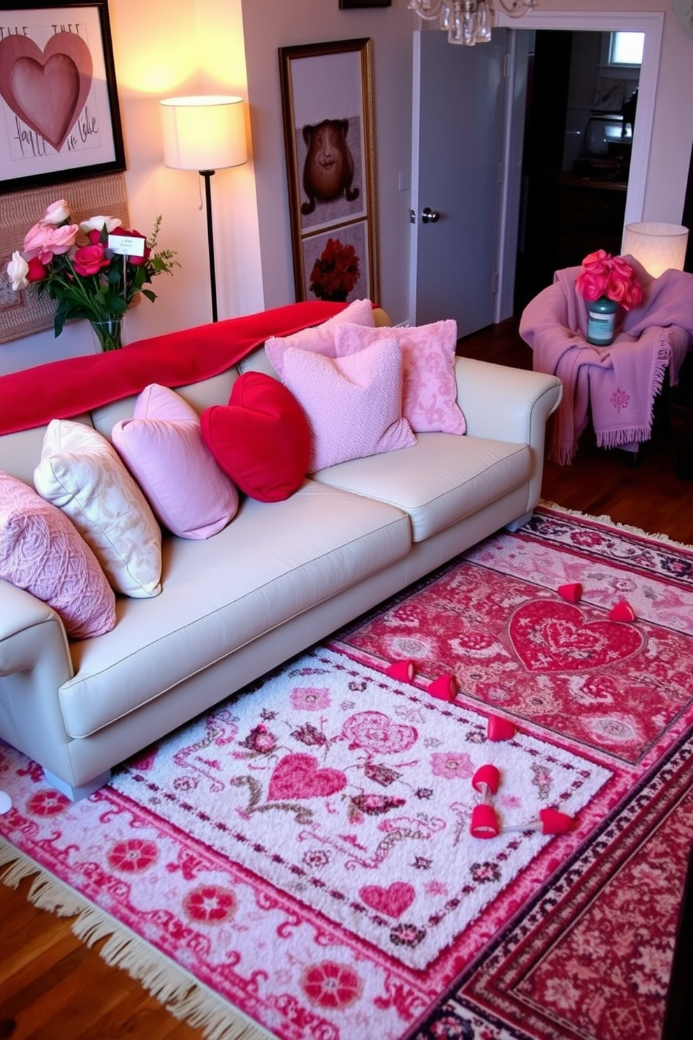 A cozy living room adorned for Valentine's Day features layered textures with soft blankets and throws draped over a plush sofa. Decorative cushions in shades of pink and red add warmth, while a heart-themed throw blanket is casually arranged across the armrest.